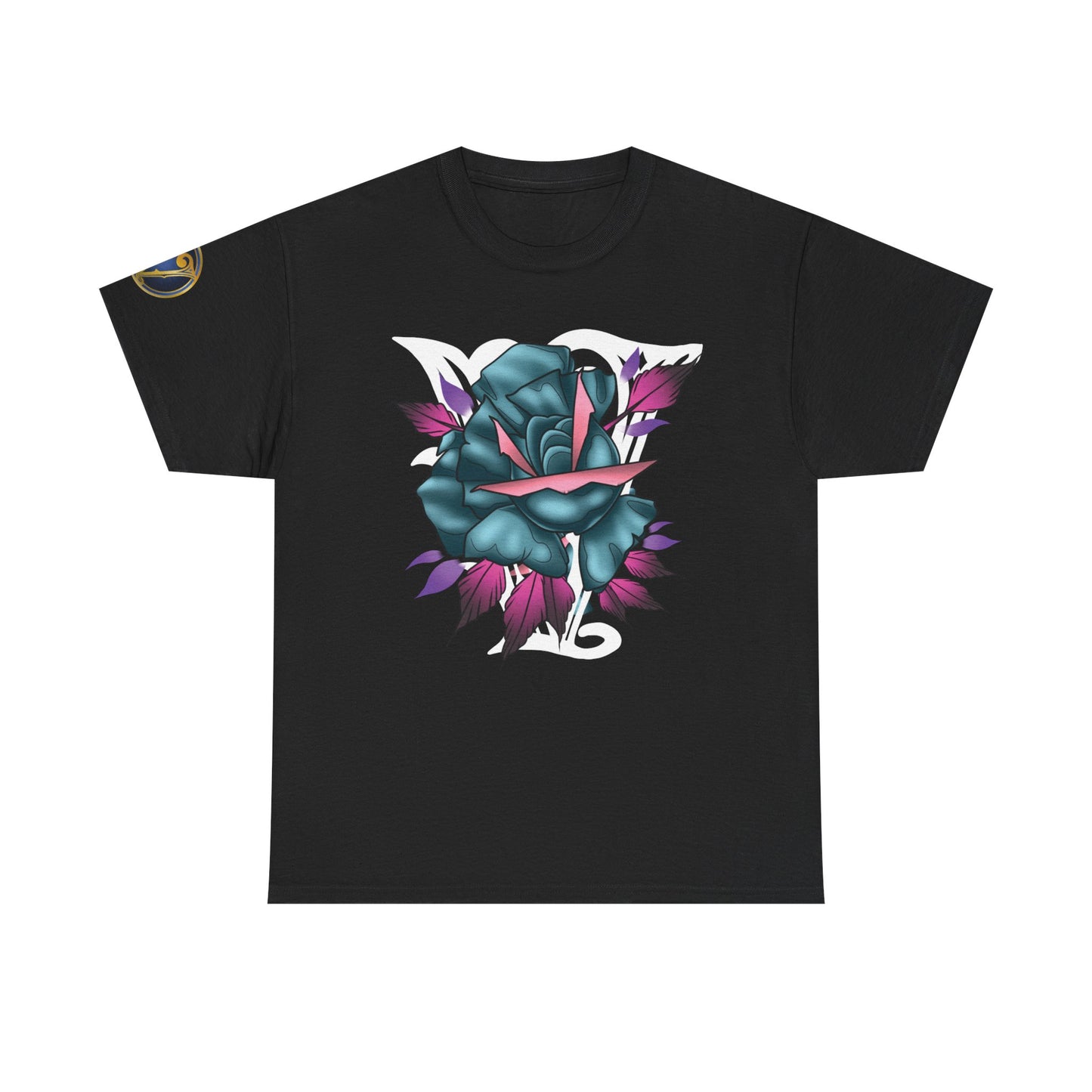 Blue & Pink Rose Graphic Tee — Vintage Floral Tattoo Shirt