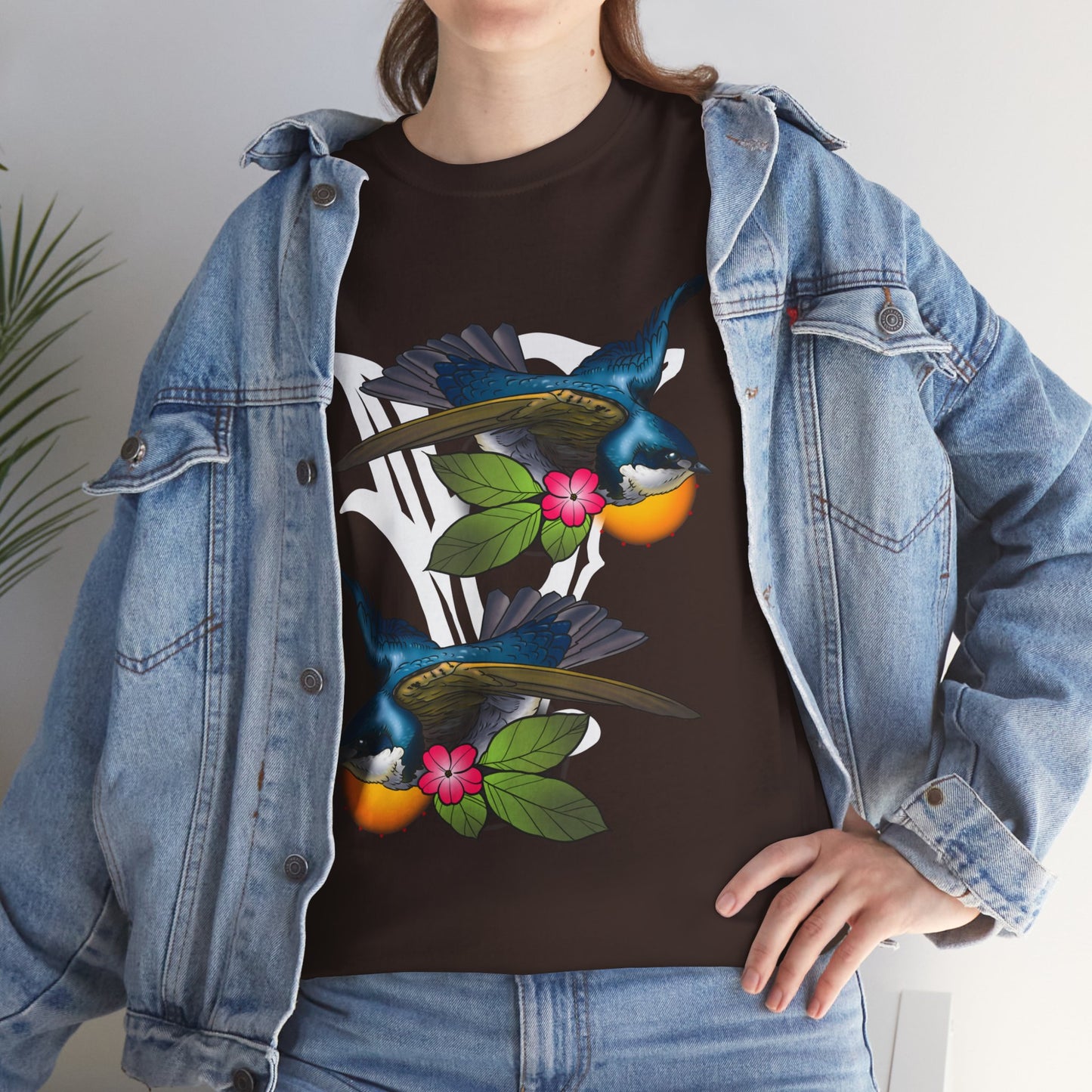 Bird Skull & Swallow Art Tee — Vibrant Blue Bird Illustration T-Shirt