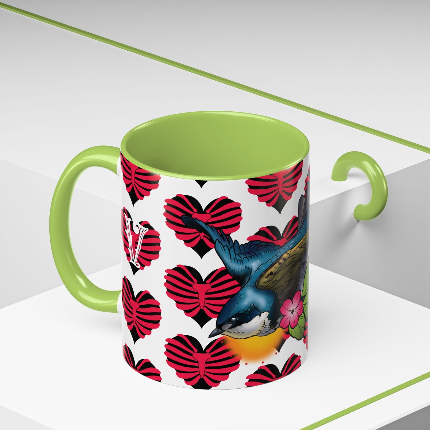Bird & Hearts Accent Coffee Mug – Colorful Songbird Pattern (11/15oz)