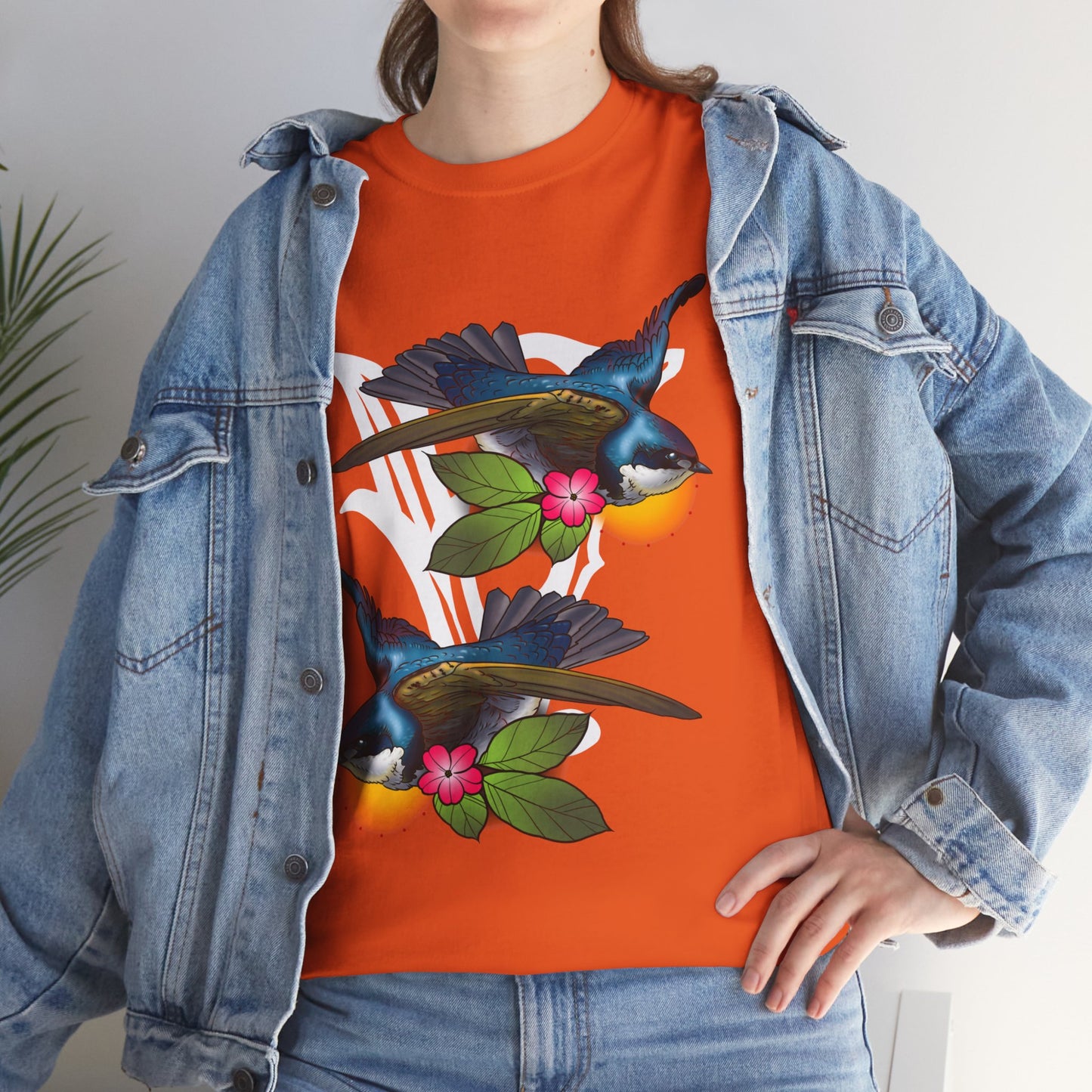 Bird Skull & Swallow Art Tee — Vibrant Blue Bird Illustration T-Shirt