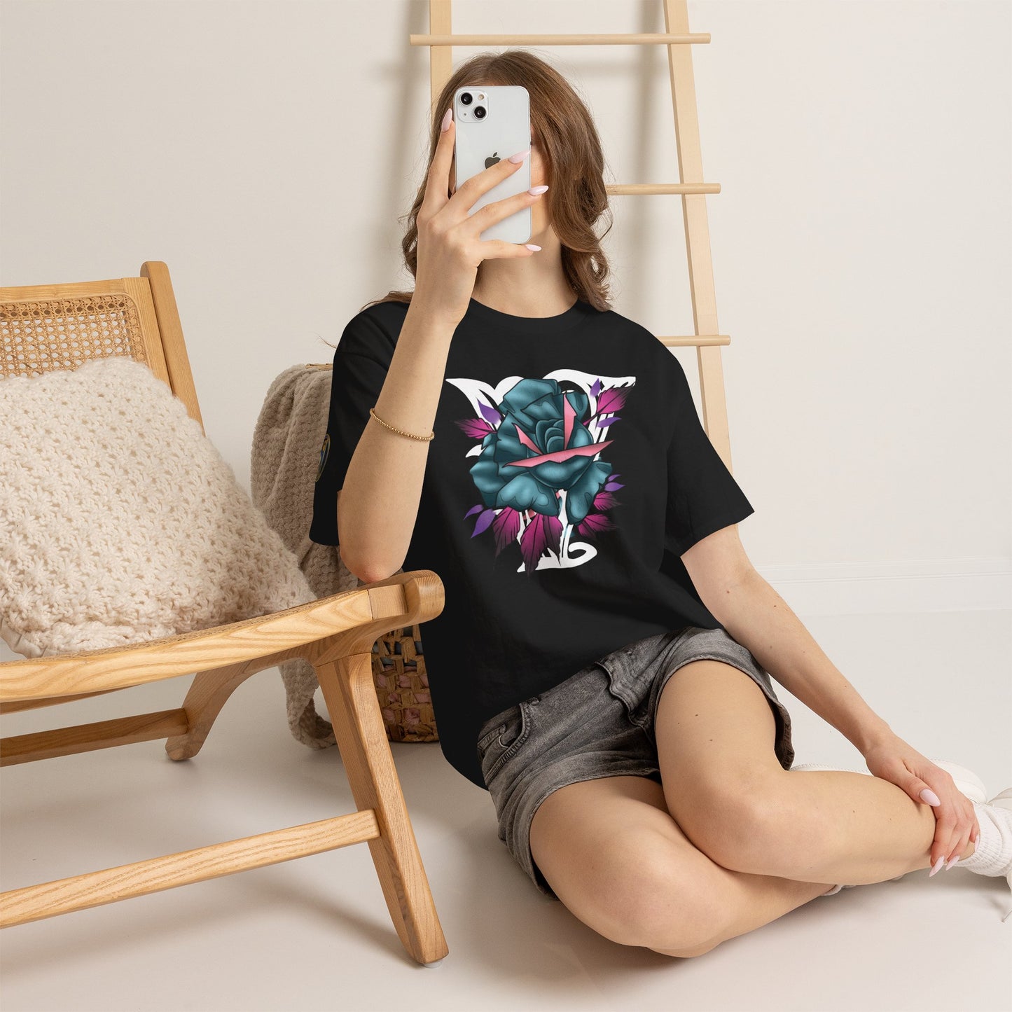 Blue & Pink Rose Graphic Tee — Vintage Floral Tattoo Shirt
