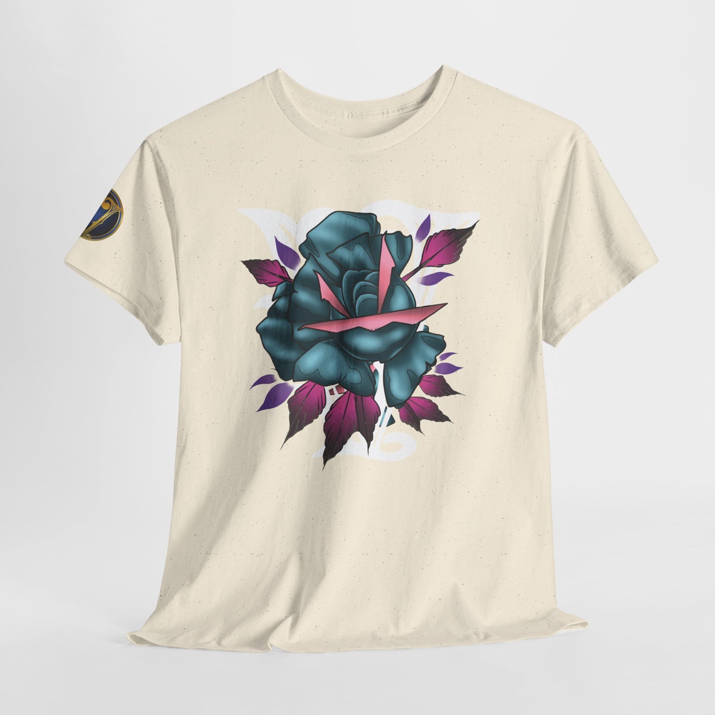 Blue & Pink Rose Graphic Tee — Vintage Floral Tattoo Shirt