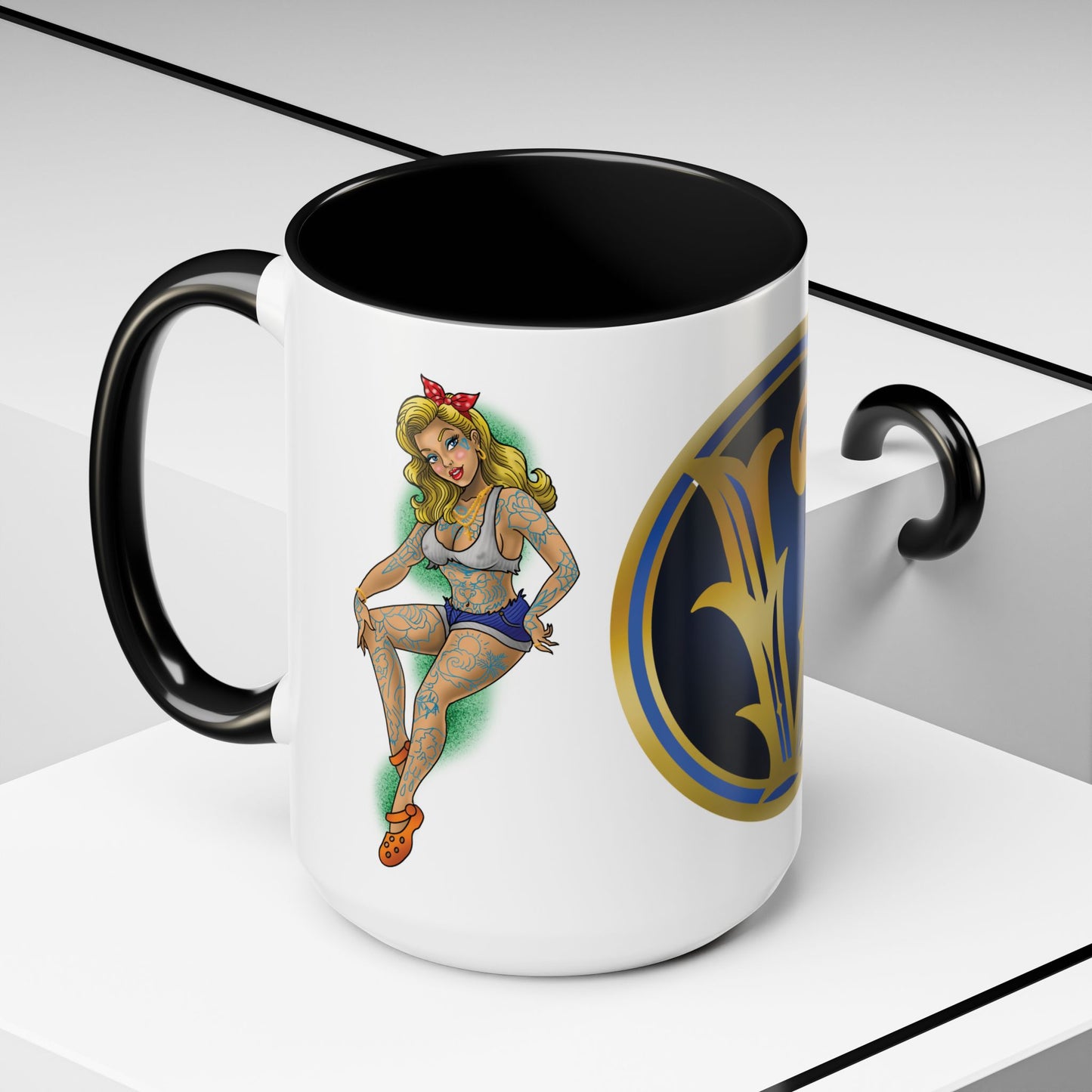 Vintage Pin-Up Coffee Mug with Gold Monogram V — Retro Tattoo Style Accent Mug (11/15oz)