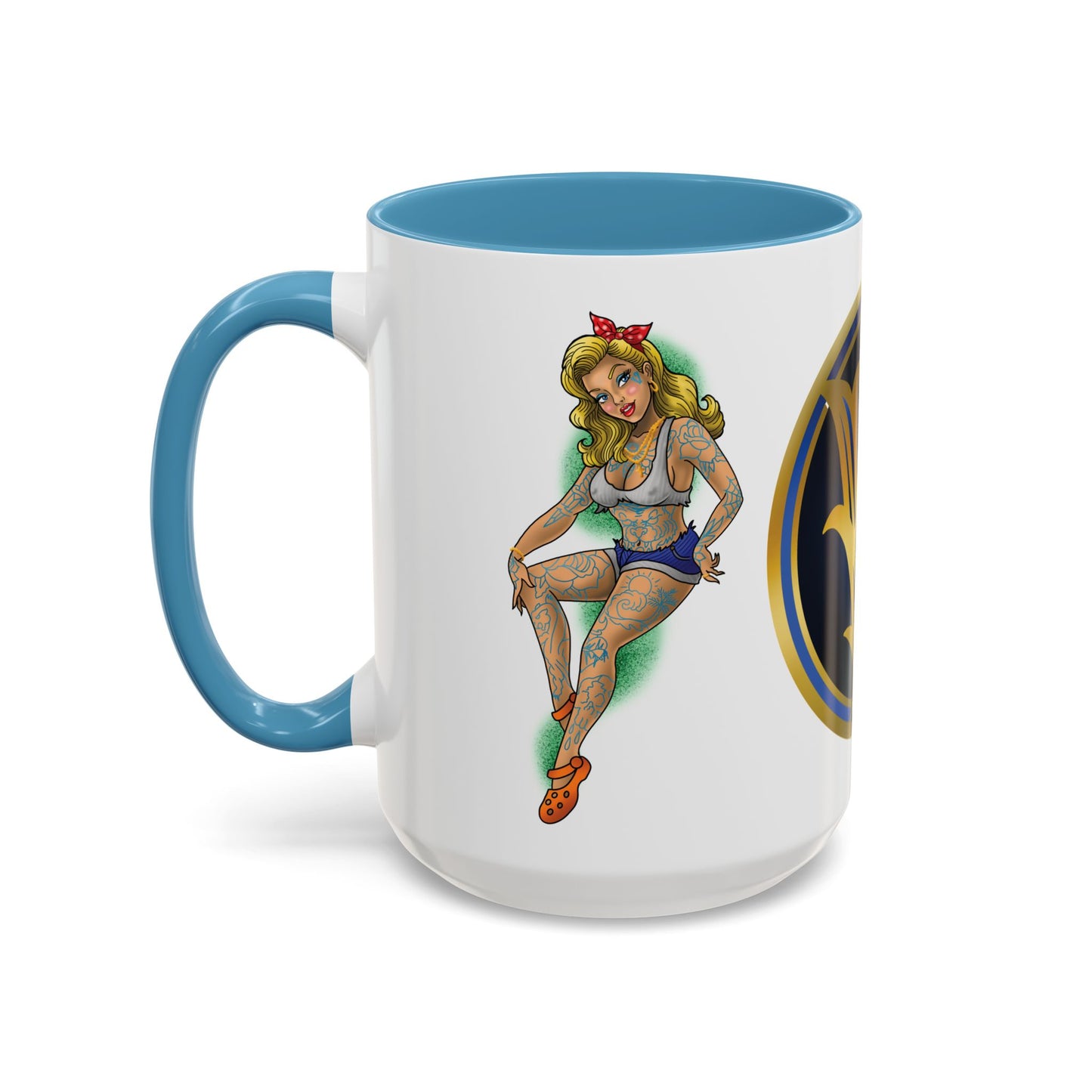 Vintage Pin-Up Coffee Mug with Gold Monogram V — Retro Tattoo Style Accent Mug (11/15oz)