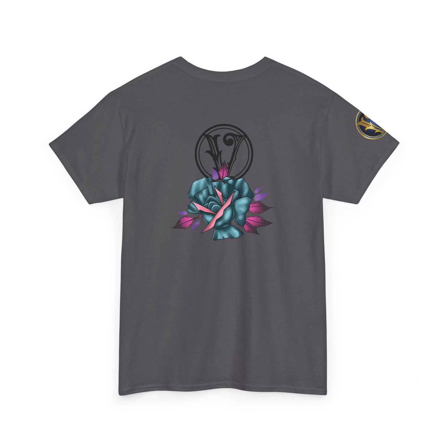 Blue & Pink Rose Graphic Tee — Vintage Floral Tattoo Shirt