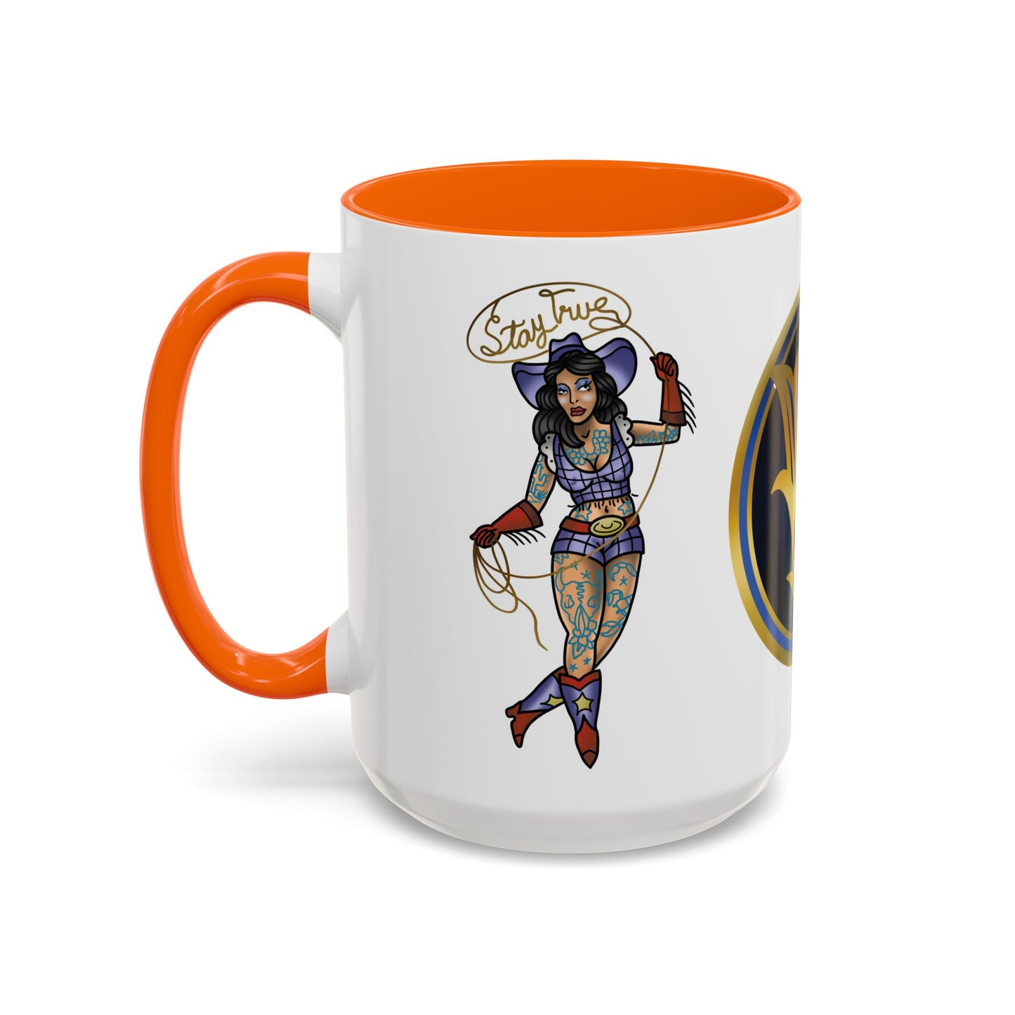 Accent Coffee Mug — Vintage Gold 'V' Monogram & Pin-Up Cowgirl Illustration (11oz/15oz)