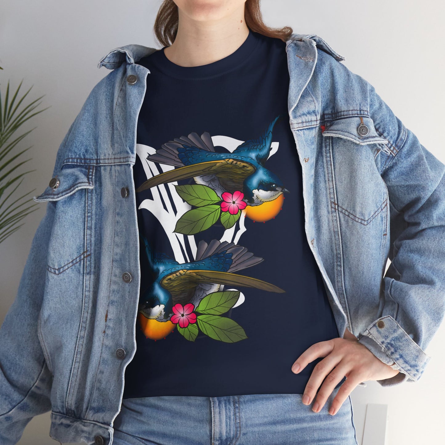 Bird Skull & Swallow Art Tee — Vibrant Blue Bird Illustration T-Shirt