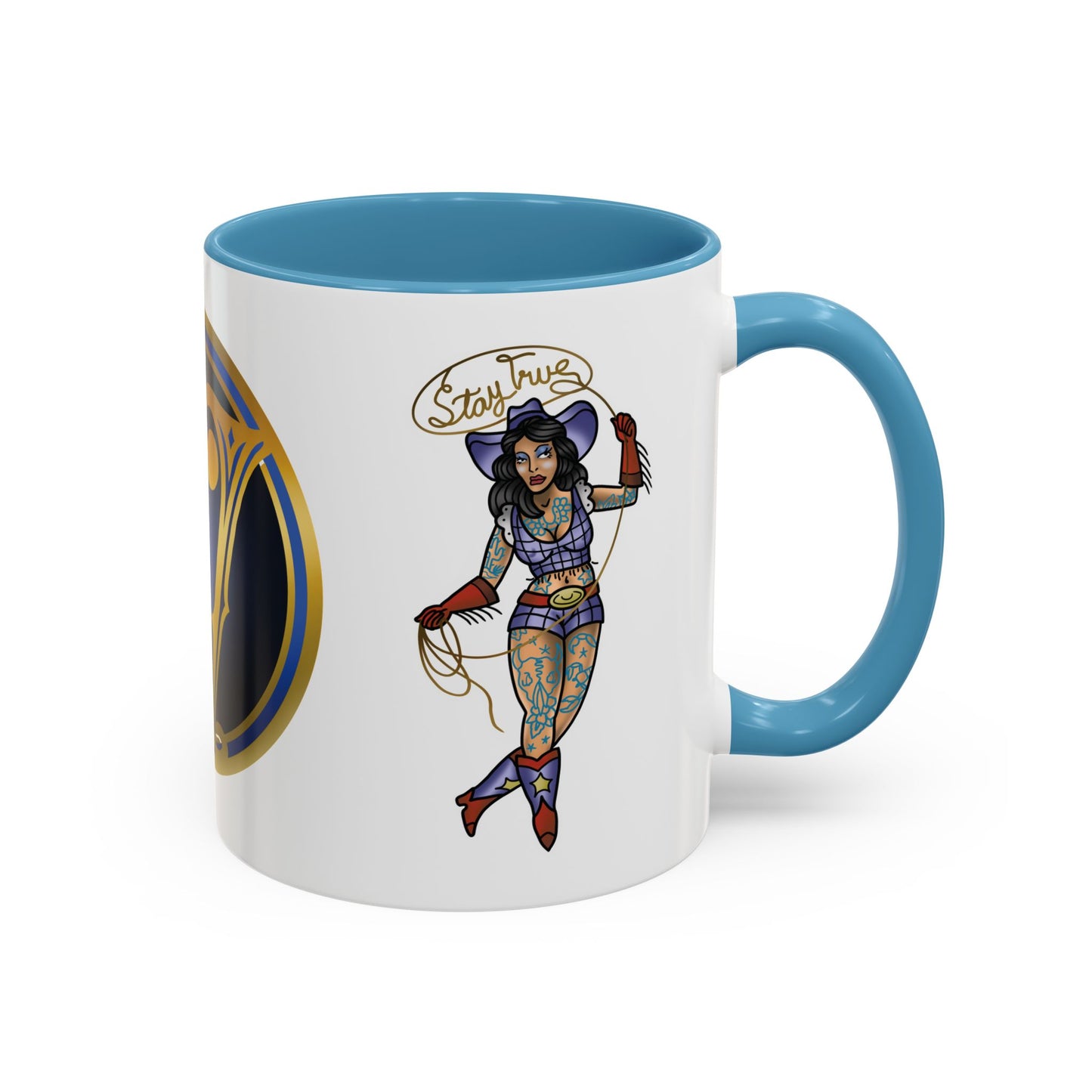 Accent Coffee Mug — Vintage Gold 'V' Monogram & Pin-Up Cowgirl Illustration (11oz/15oz)