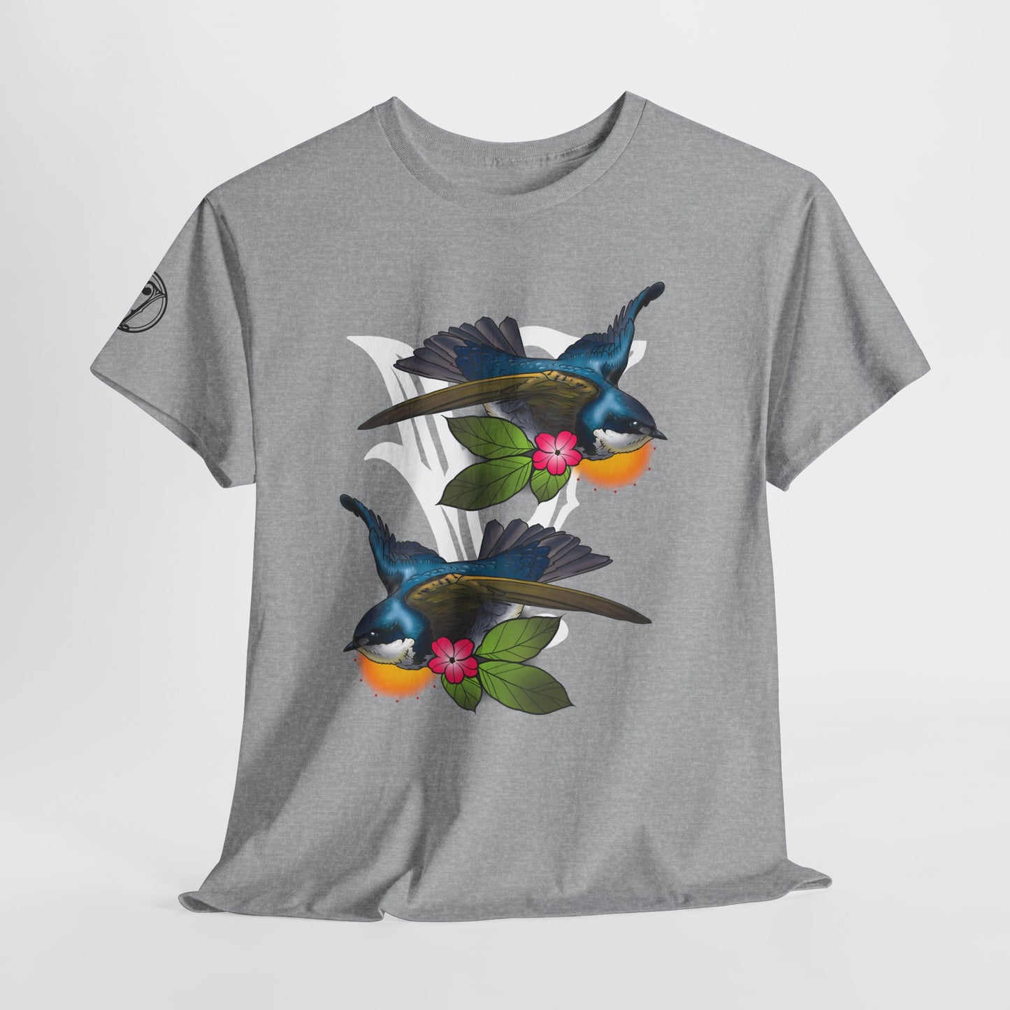 Bird Skull & Swallow Art Tee — Vibrant Blue Bird Illustration T-Shirt