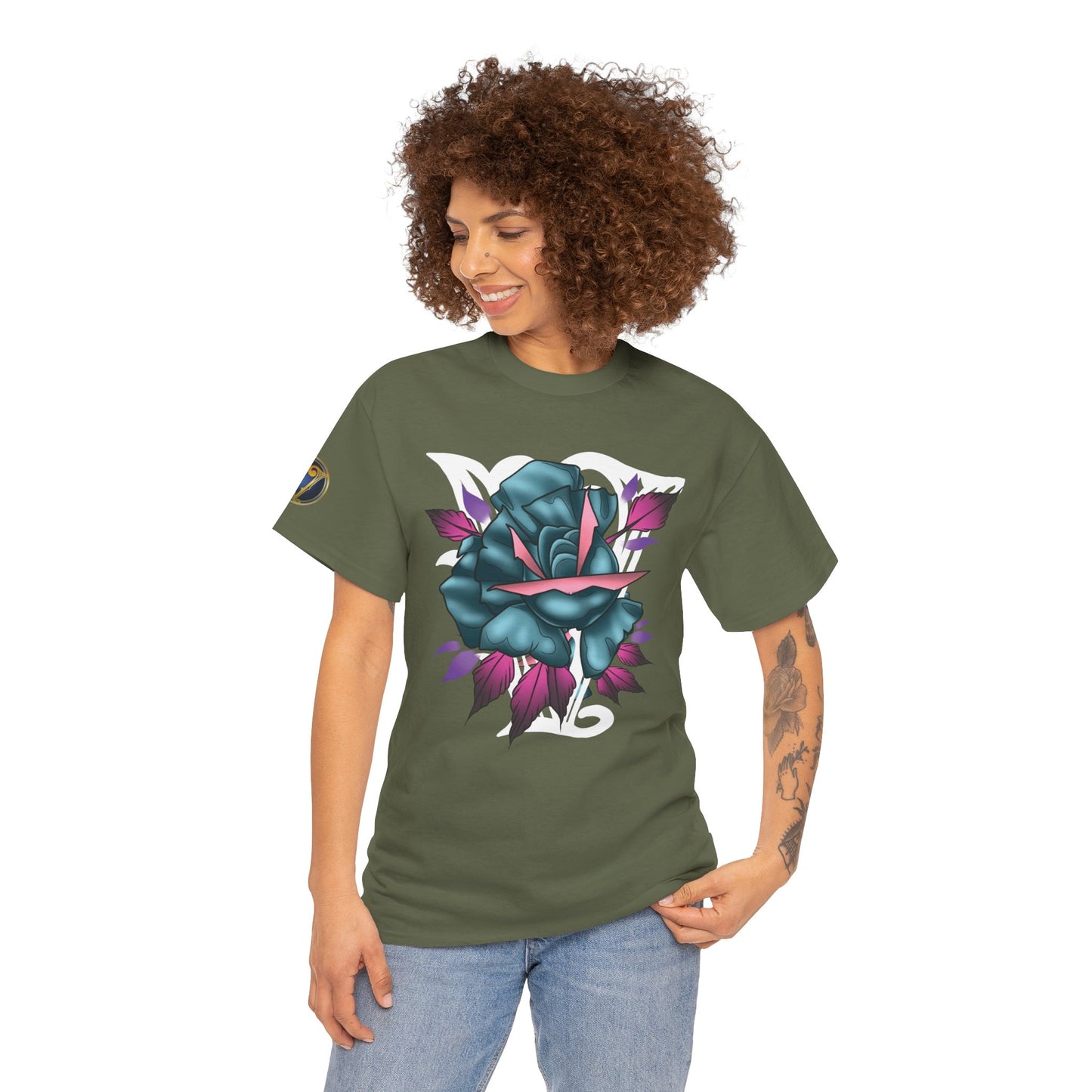 Blue & Pink Rose Graphic Tee — Vintage Floral Tattoo Shirt