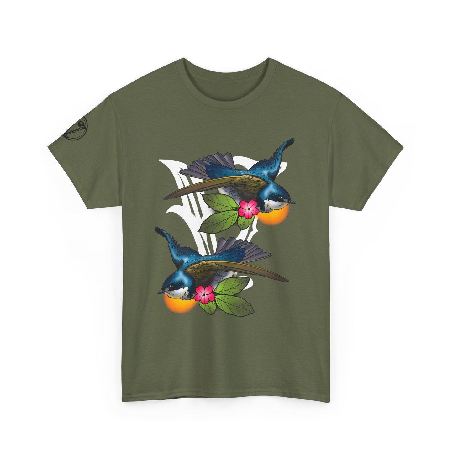 Bird Skull & Swallow Art Tee — Vibrant Blue Bird Illustration T-Shirt