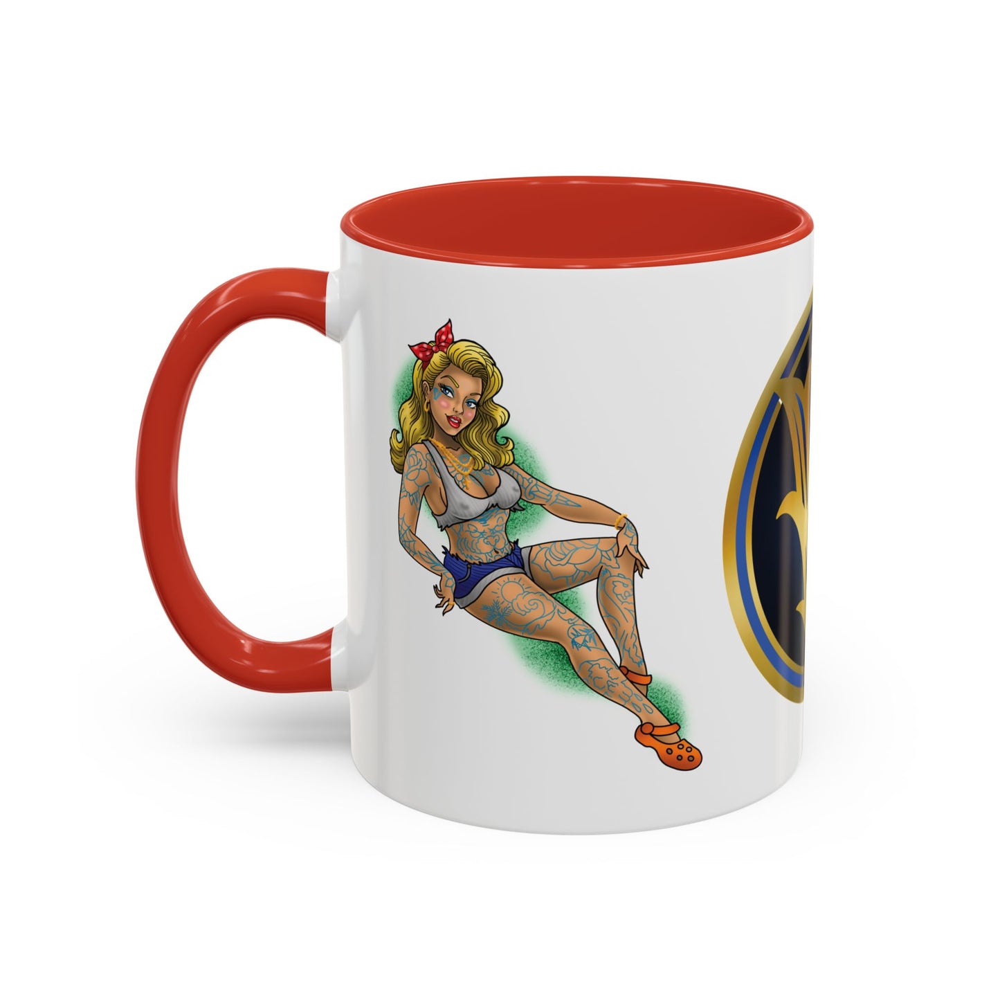 Vintage Pin-Up Coffee Mug with Gold Monogram V — Retro Tattoo Style Accent Mug (11/15oz)