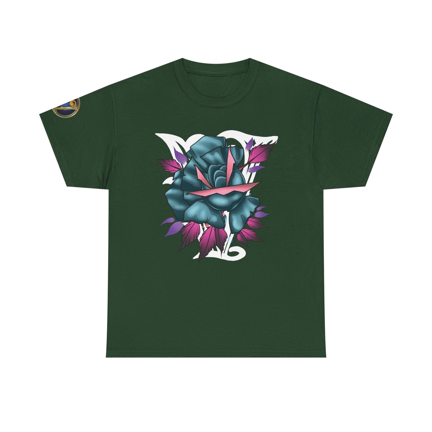 Blue & Pink Rose Graphic Tee — Vintage Floral Tattoo Shirt