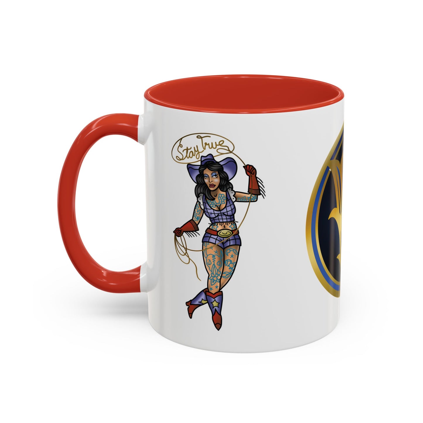 Accent Coffee Mug — Vintage Gold 'V' Monogram & Pin-Up Cowgirl Illustration (11oz/15oz)