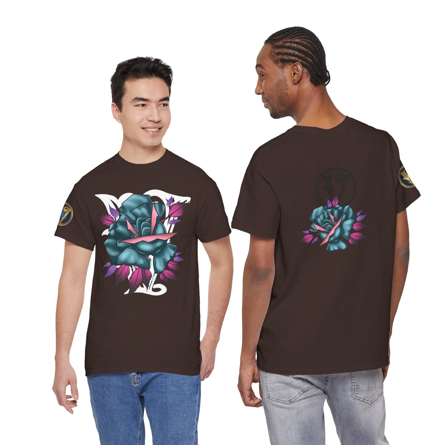 Blue & Pink Rose Graphic Tee — Vintage Floral Tattoo Shirt