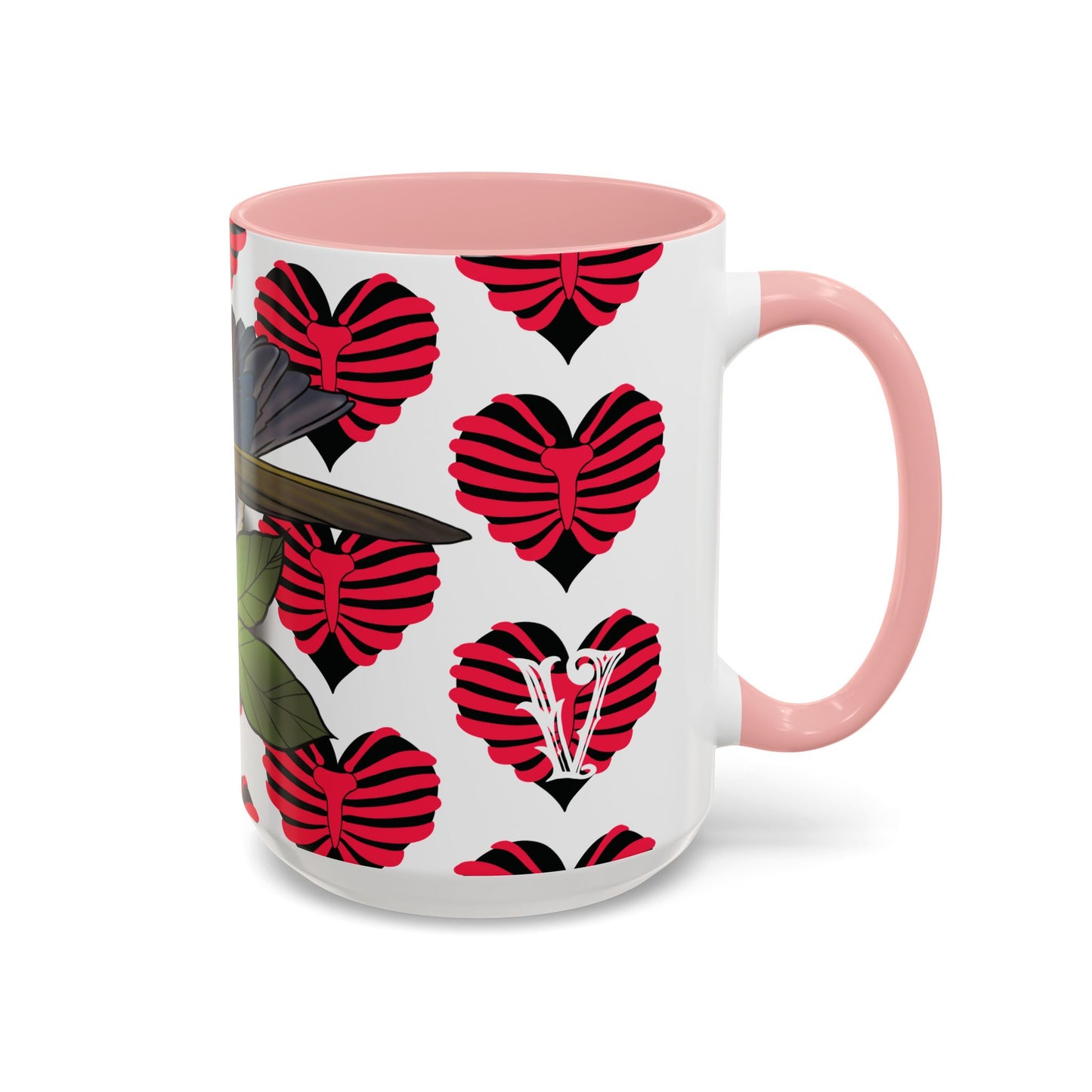 Bird & Hearts Accent Coffee Mug – Colorful Songbird Pattern (11/15oz)