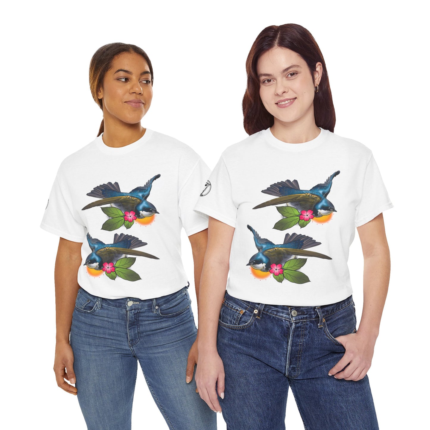 Bird Skull & Swallow Art Tee — Vibrant Blue Bird Illustration T-Shirt