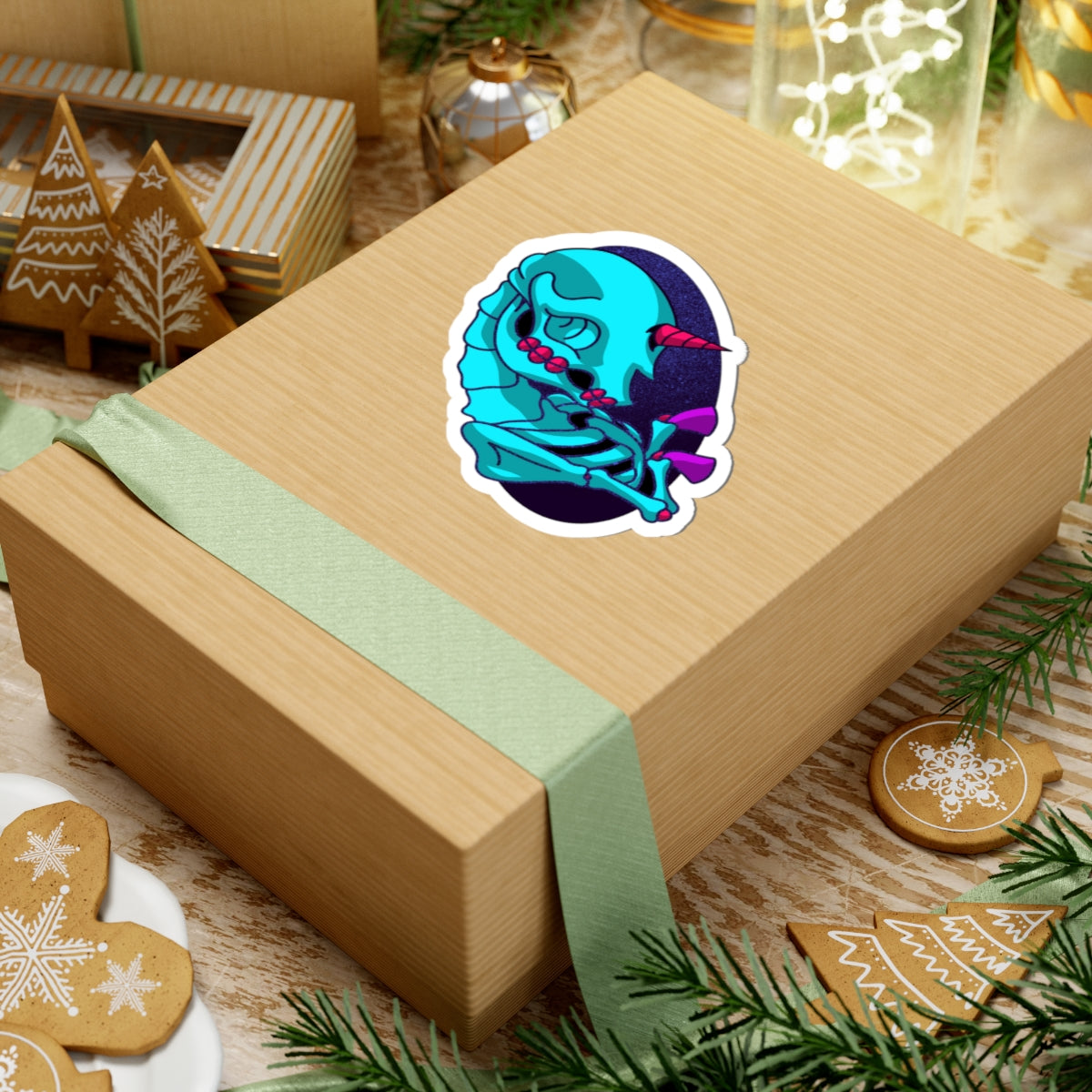 Neon Unicorn Skull Sticker — Retro Vaporwave Kiss-Cut Decal