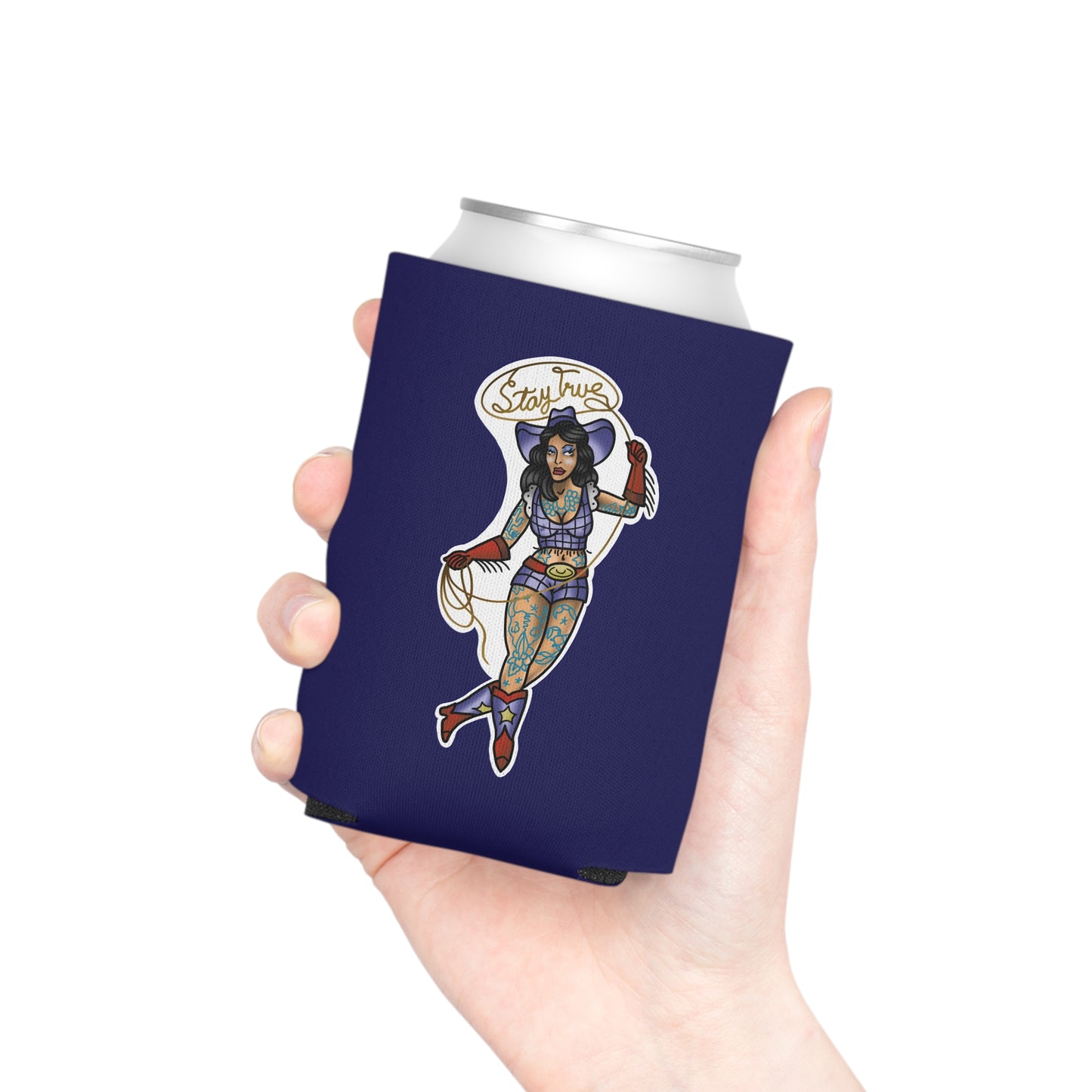 Can Cooler — Retro Tattoo Pinup Girl Design "Stay True"