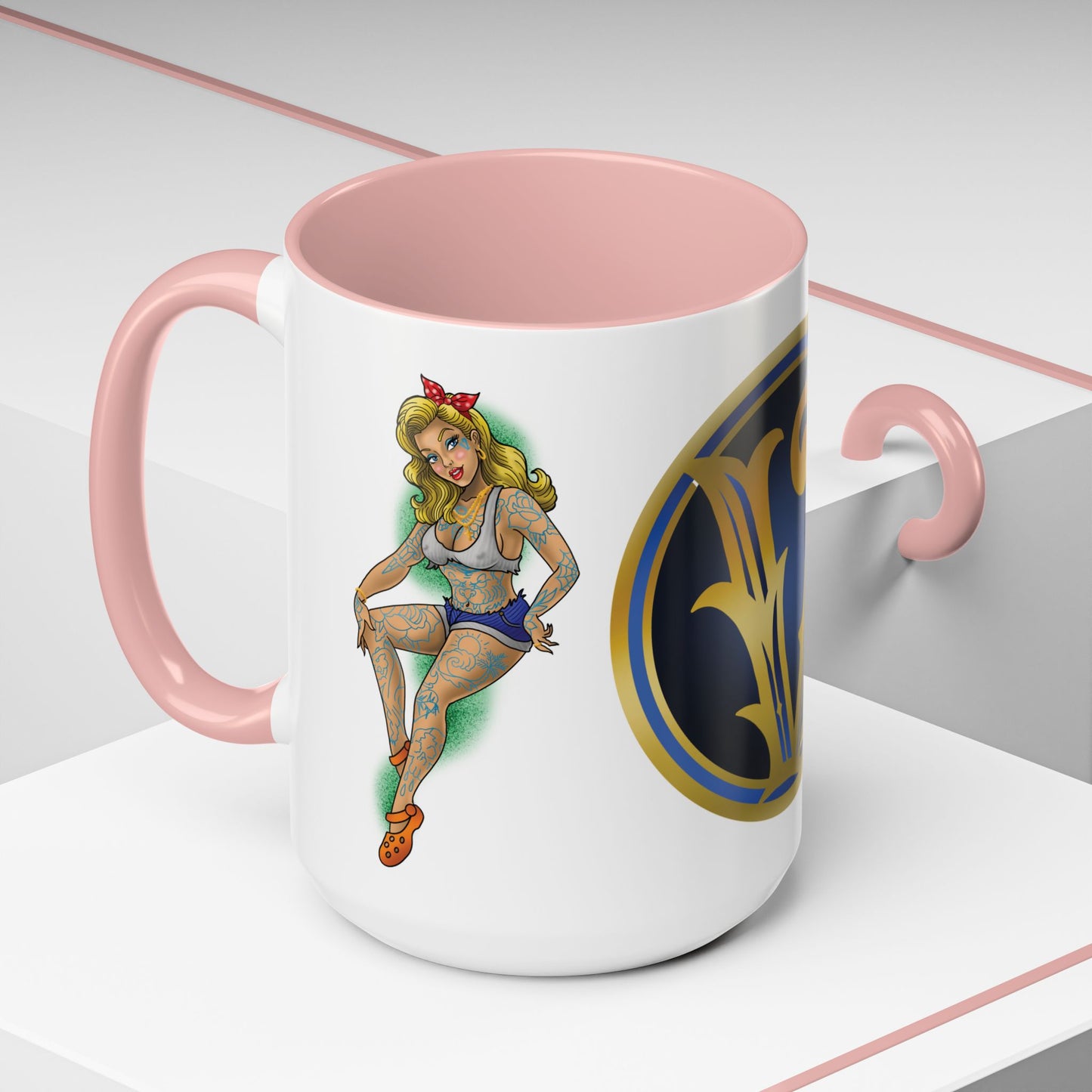 Vintage Pin-Up Coffee Mug with Gold Monogram V — Retro Tattoo Style Accent Mug (11/15oz)