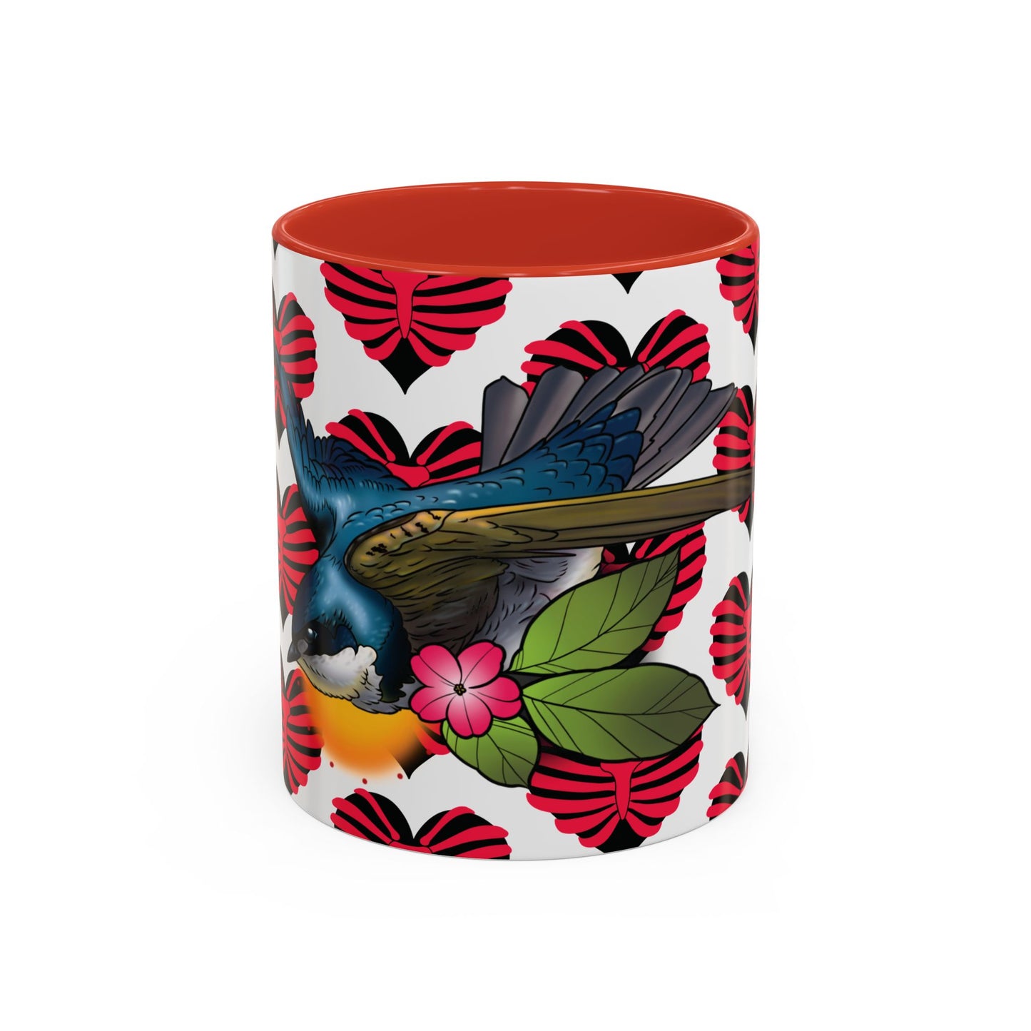 Bird & Hearts Accent Coffee Mug – Colorful Songbird Pattern (11/15oz)