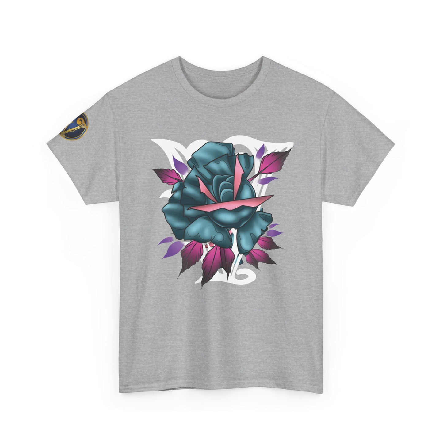 Blue & Pink Rose Graphic Tee — Vintage Floral Tattoo Shirt