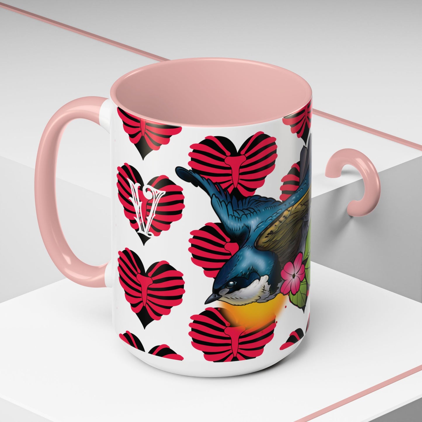 Bird & Hearts Accent Coffee Mug – Colorful Songbird Pattern (11/15oz)
