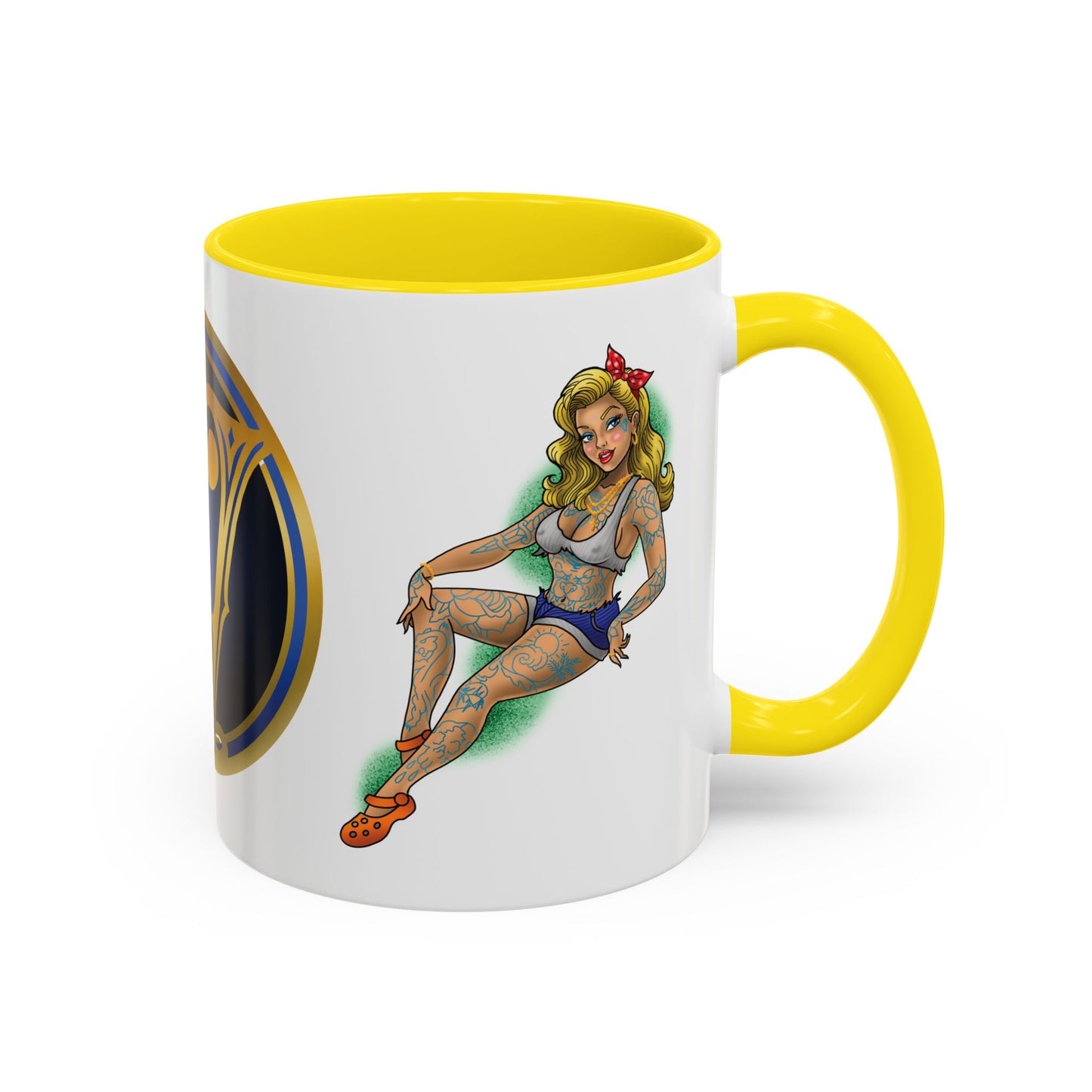 Vintage Pin-Up Coffee Mug with Gold Monogram V — Retro Tattoo Style Accent Mug (11/15oz)