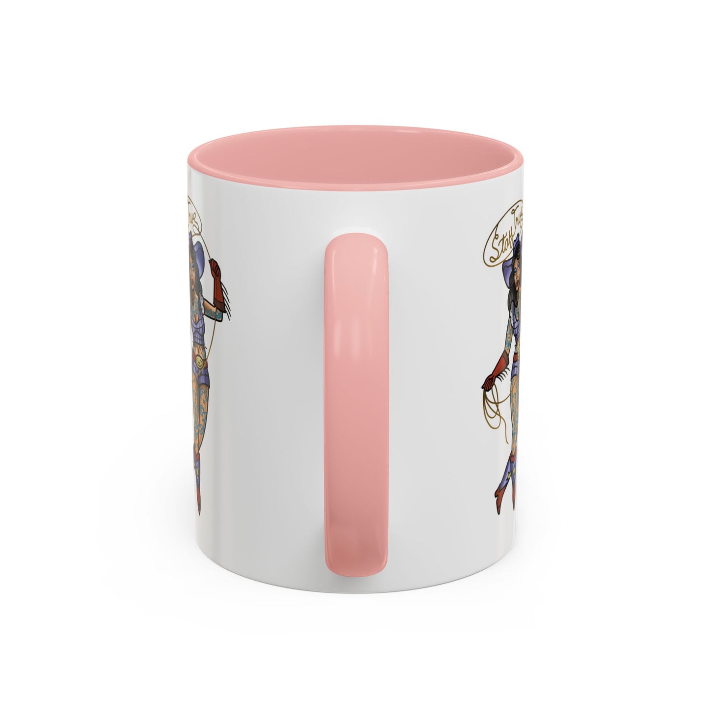 Accent Coffee Mug — Vintage Gold 'V' Monogram & Pin-Up Cowgirl Illustration (11oz/15oz)