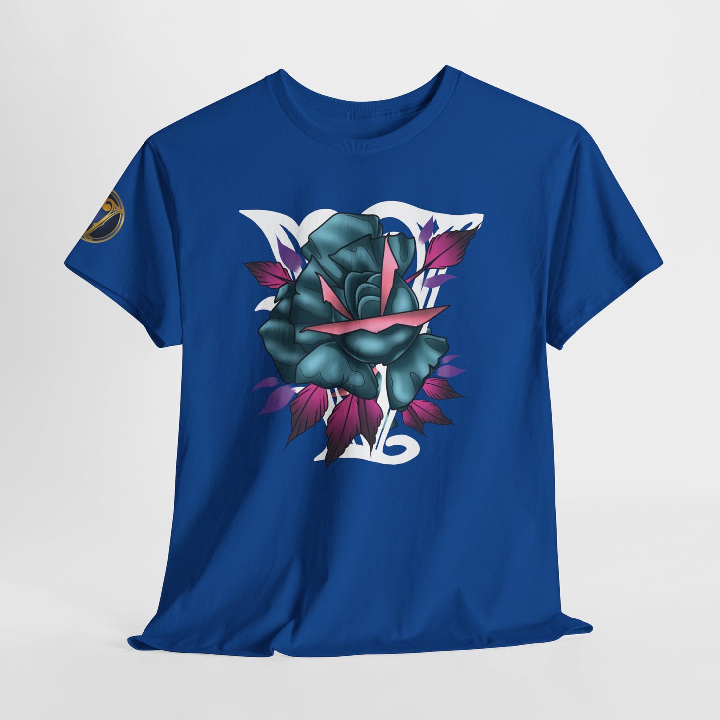 Blue & Pink Rose Graphic Tee — Vintage Floral Tattoo Shirt