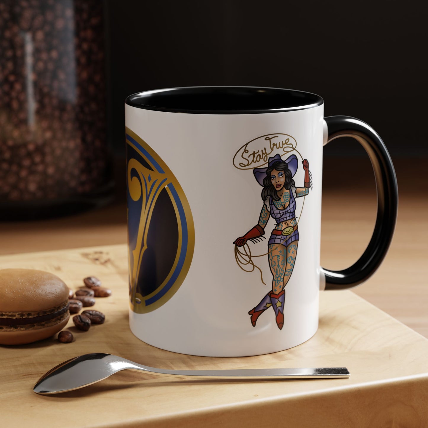 Accent Coffee Mug — Vintage Gold 'V' Monogram & Pin-Up Cowgirl Illustration (11oz/15oz)