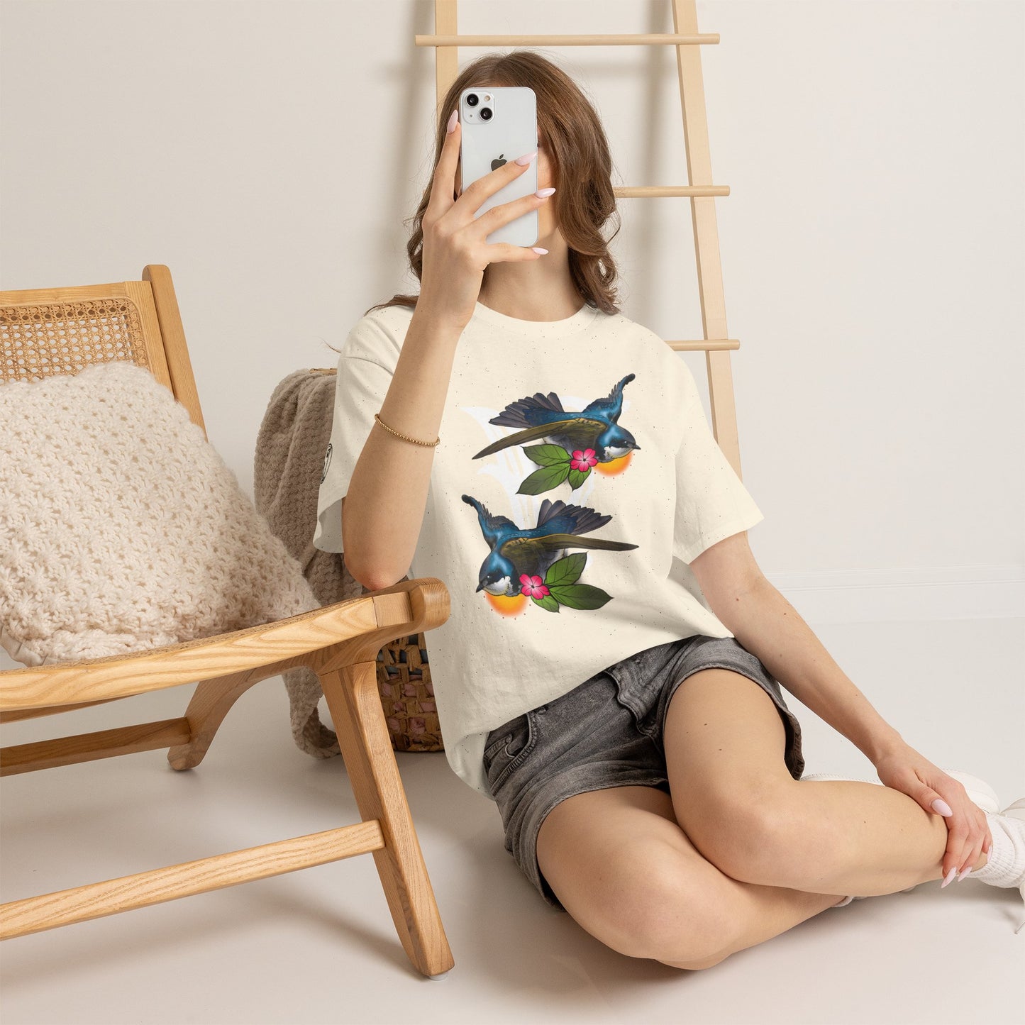 Bird Skull & Swallow Art Tee — Vibrant Blue Bird Illustration T-Shirt