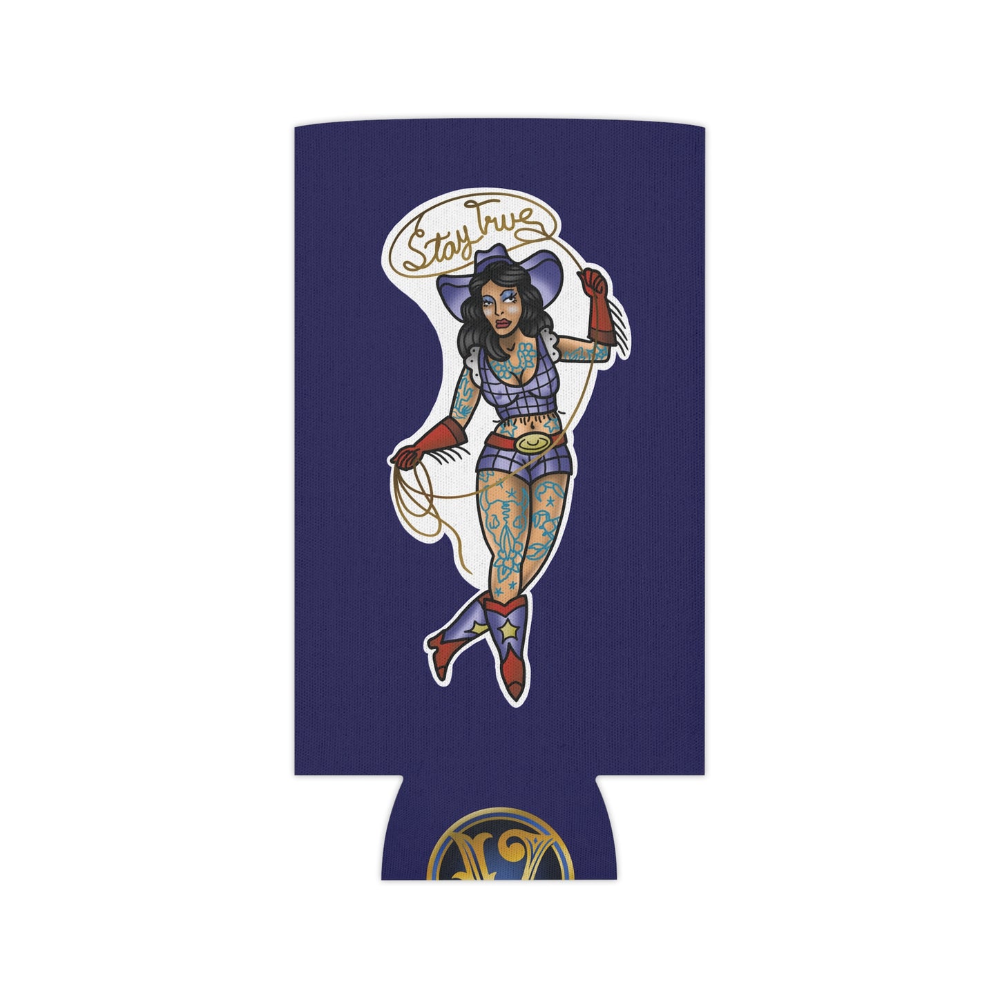 Can Cooler — Retro Tattoo Pinup Girl Design "Stay True"