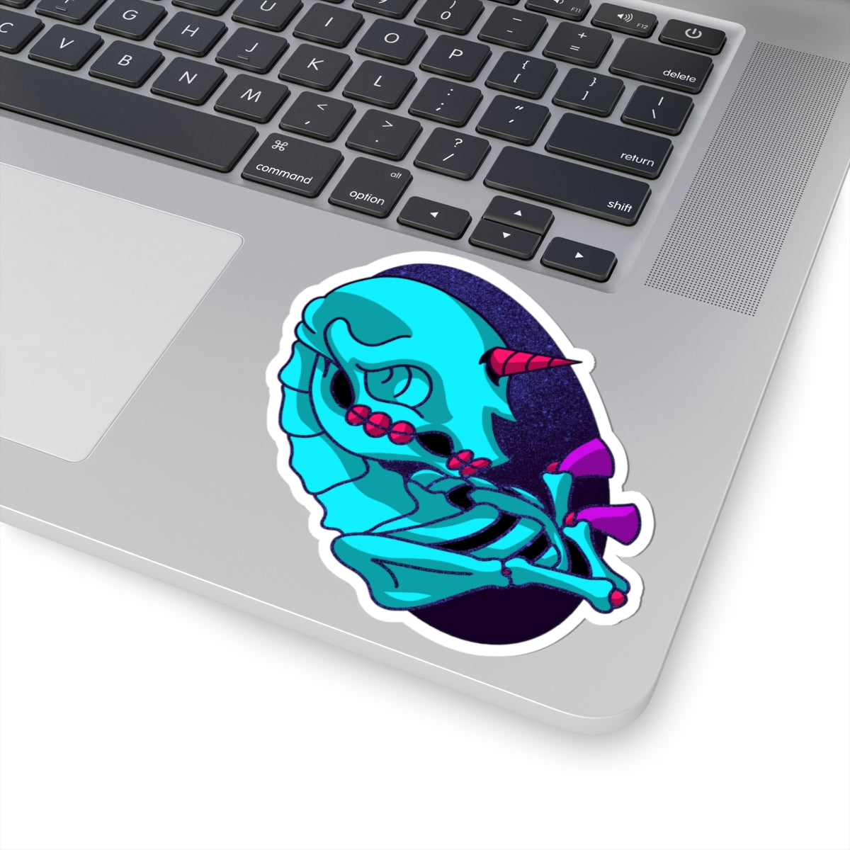 Neon Unicorn Skull Sticker — Retro Vaporwave Kiss-Cut Decal