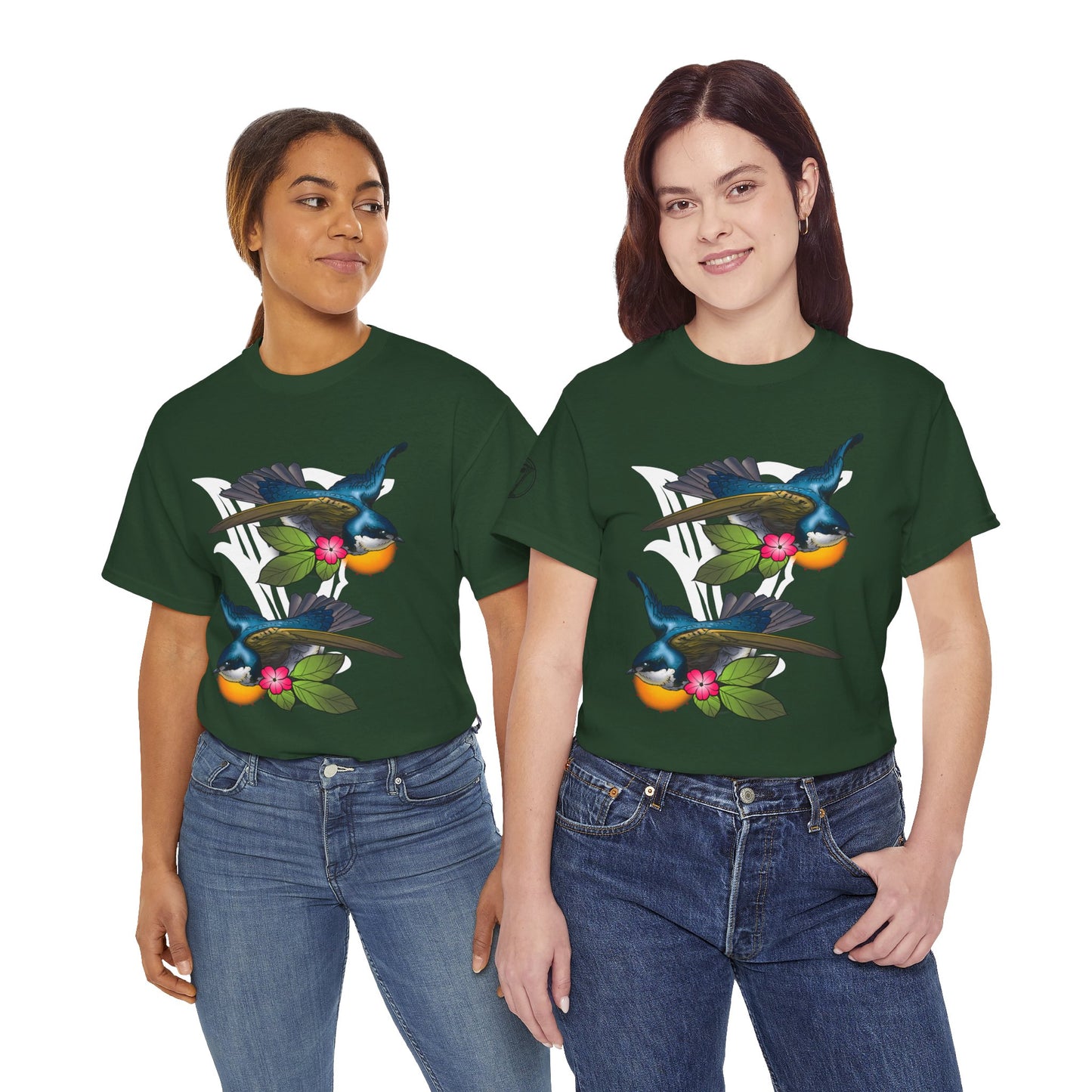 Bird Skull & Swallow Art Tee — Vibrant Blue Bird Illustration T-Shirt