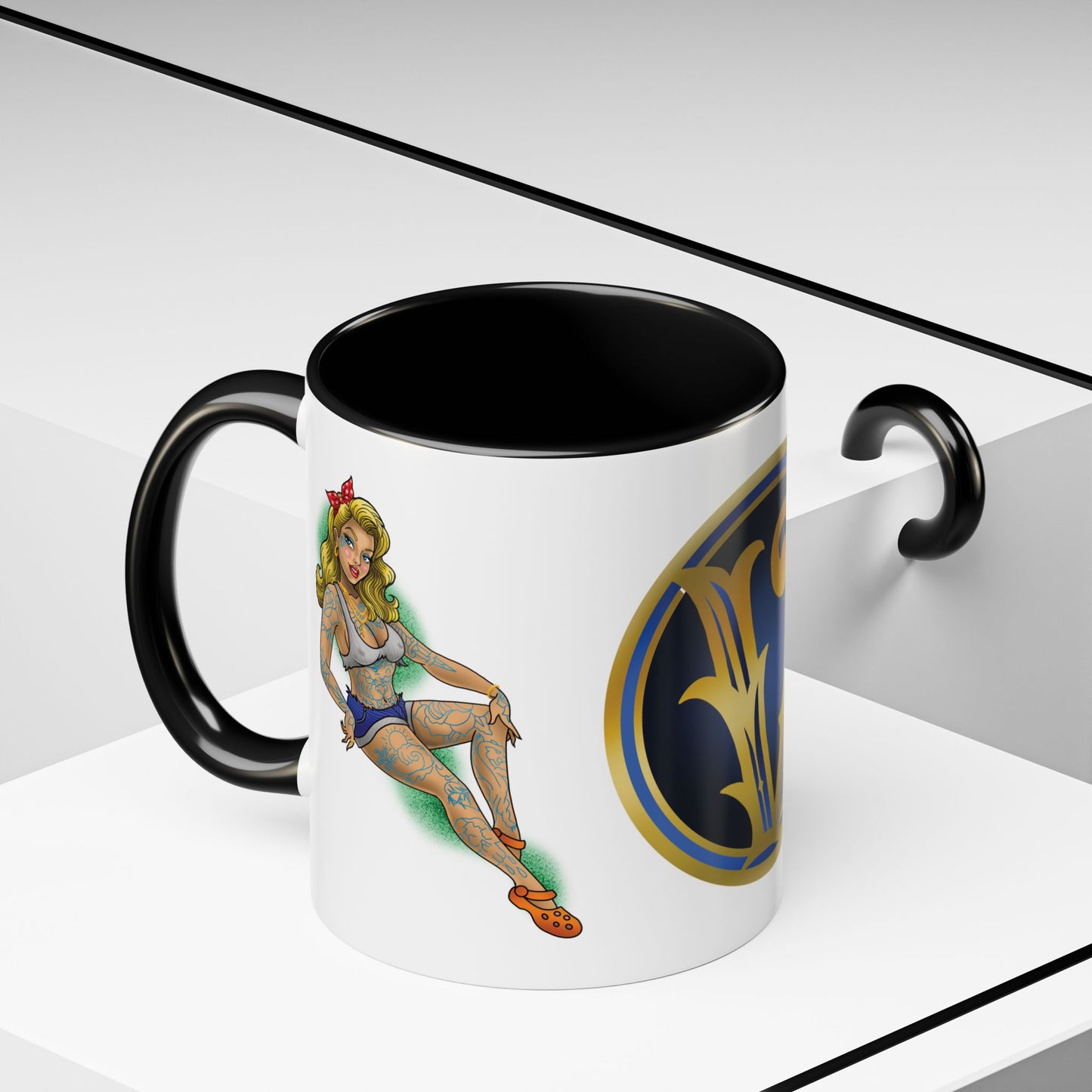 Vintage Pin-Up Coffee Mug with Gold Monogram V — Retro Tattoo Style Accent Mug (11/15oz)