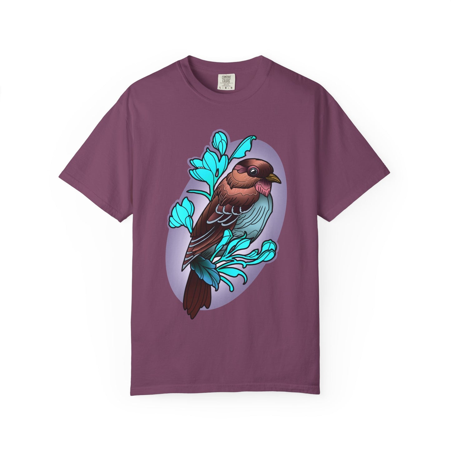 Bird Illustration T-Shirt — Colorful Sparrow on Floral Branch Tee