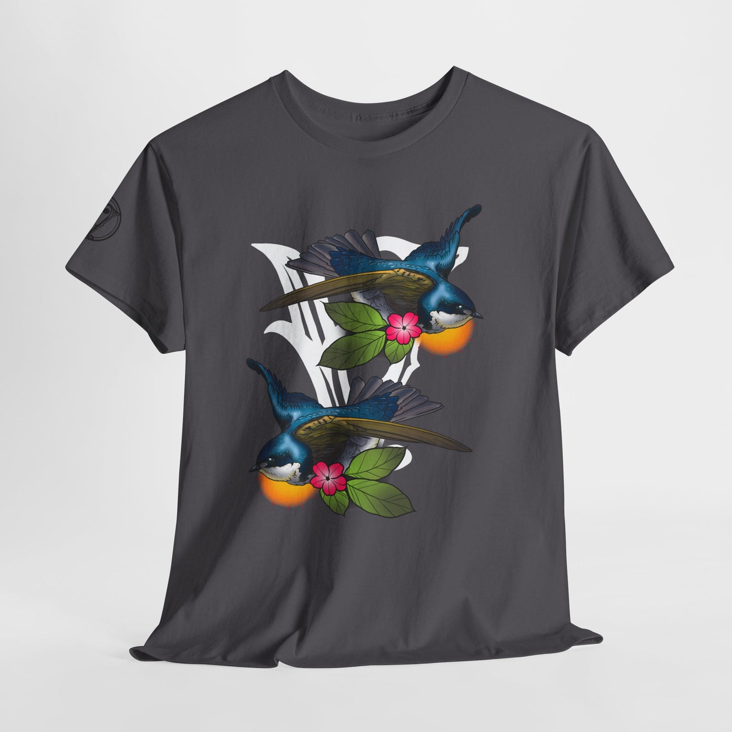 Bird Skull & Swallow Art Tee — Vibrant Blue Bird Illustration T-Shirt