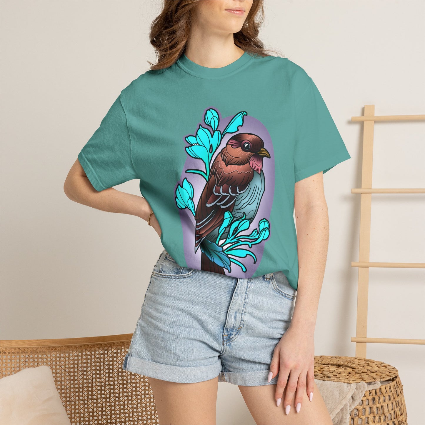 Bird Illustration T-Shirt — Colorful Sparrow on Floral Branch Tee