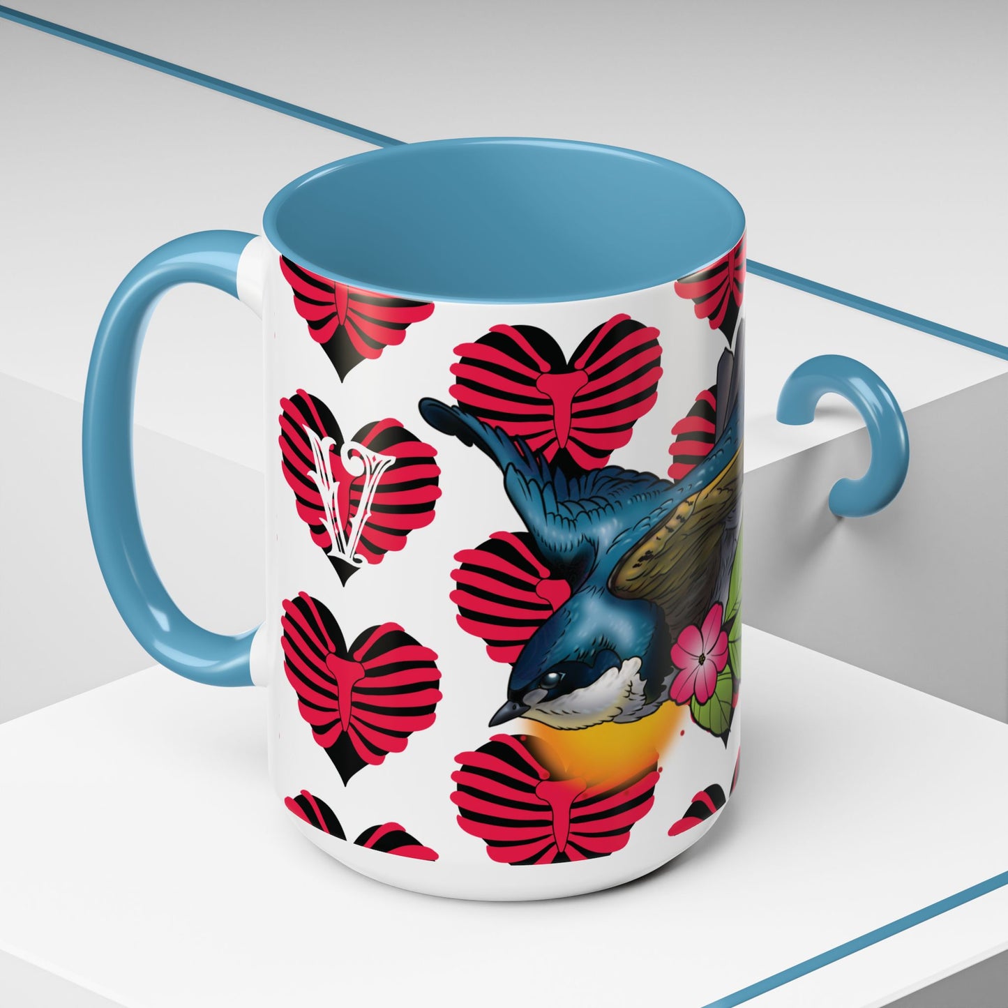 Bird & Hearts Accent Coffee Mug – Colorful Songbird Pattern (11/15oz)