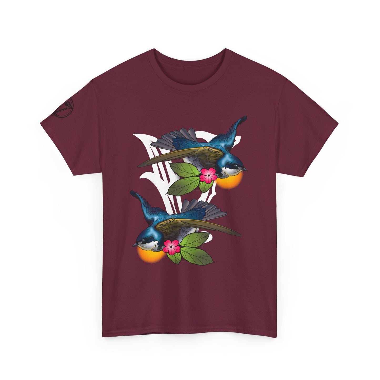 Bird Skull & Swallow Art Tee — Vibrant Blue Bird Illustration T-Shirt