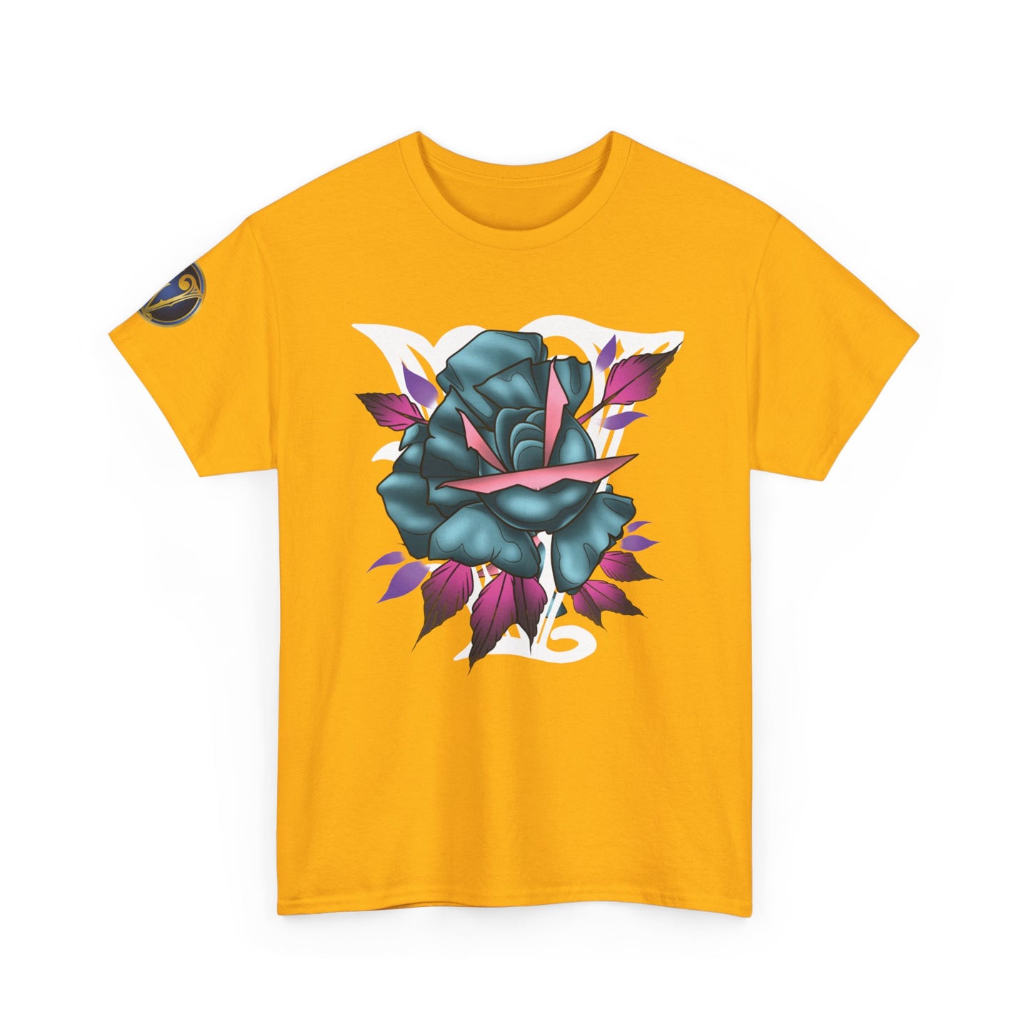 Blue & Pink Rose Graphic Tee — Vintage Floral Tattoo Shirt