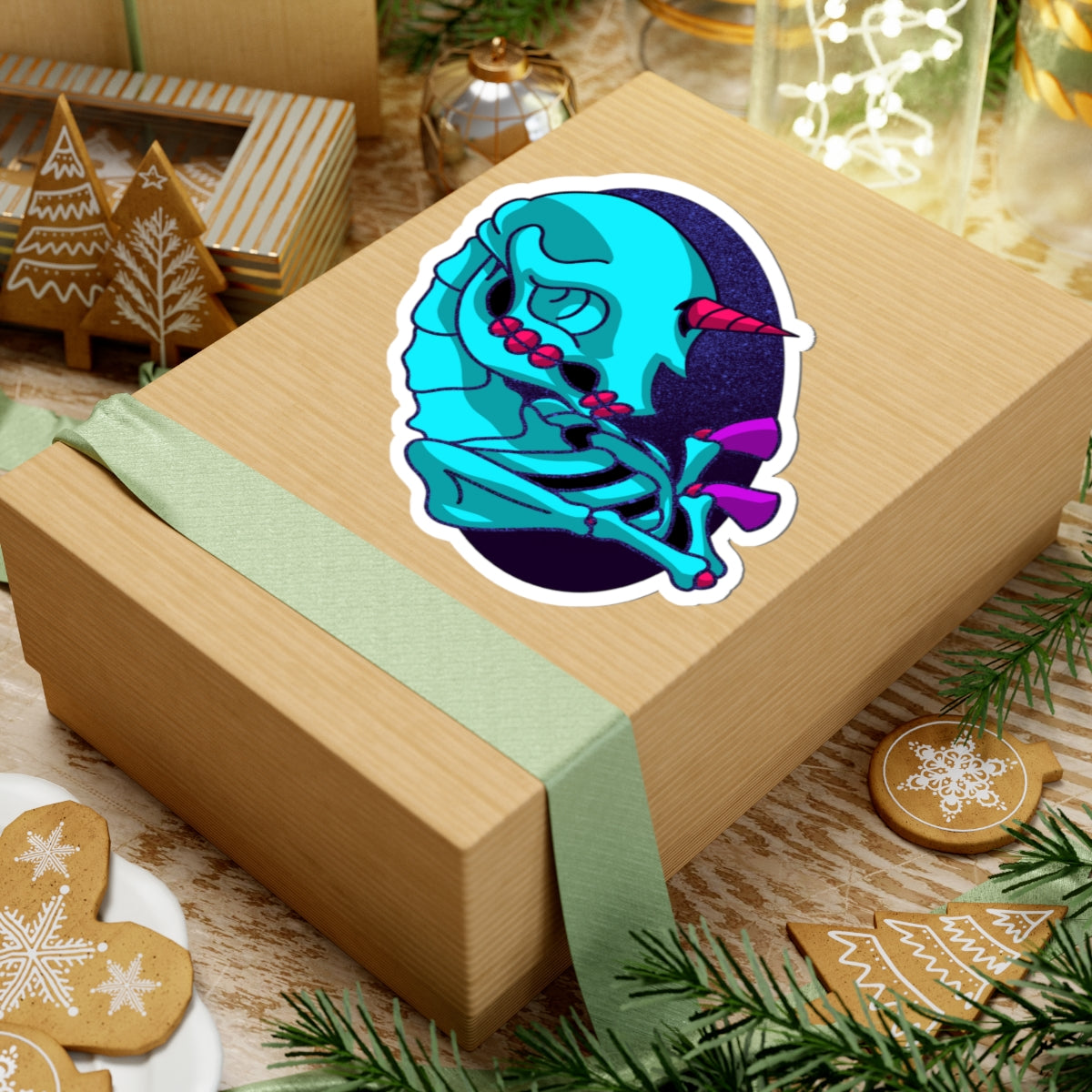 Neon Unicorn Skull Sticker — Retro Vaporwave Kiss-Cut Decal