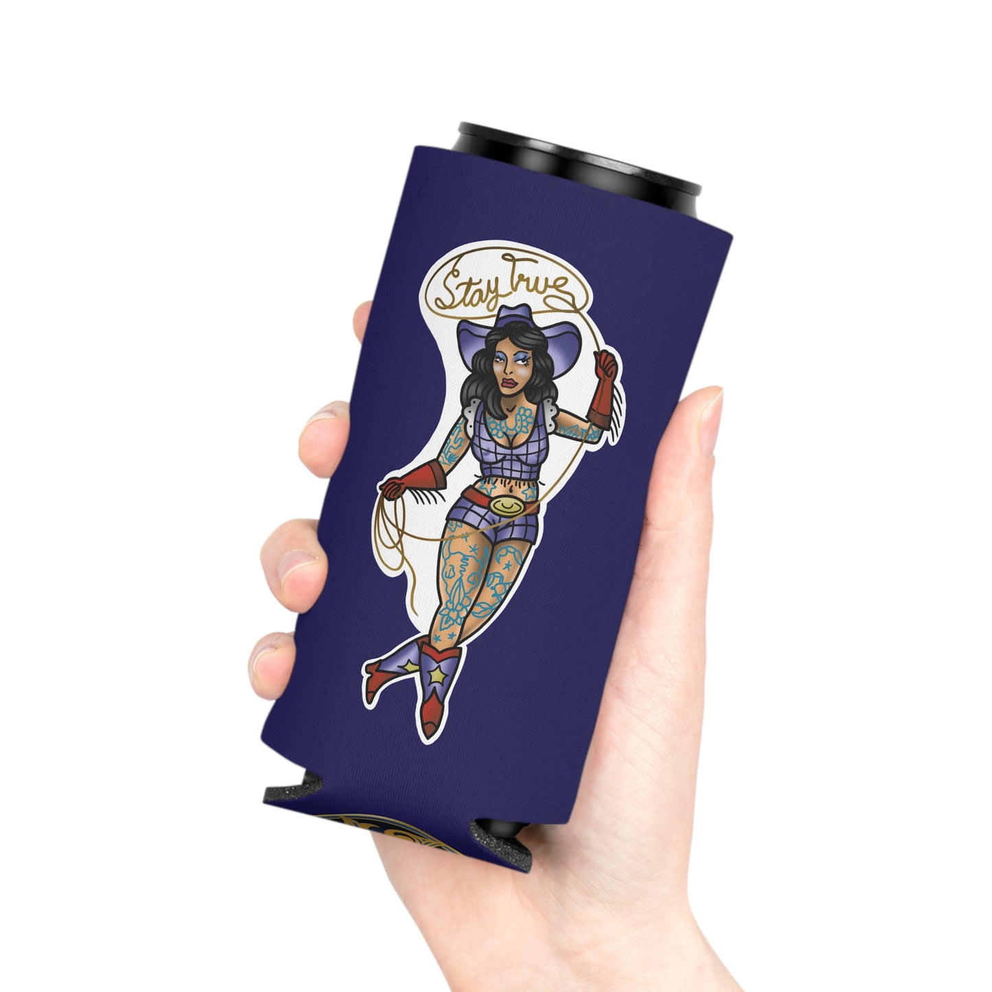 Can Cooler — Retro Tattoo Pinup Girl Design "Stay True"