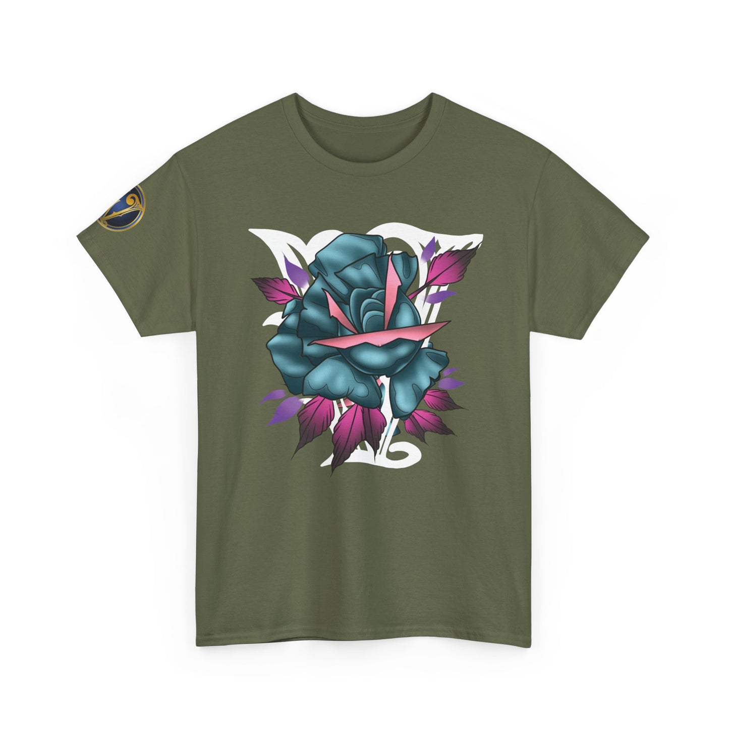 Blue & Pink Rose Graphic Tee — Vintage Floral Tattoo Shirt