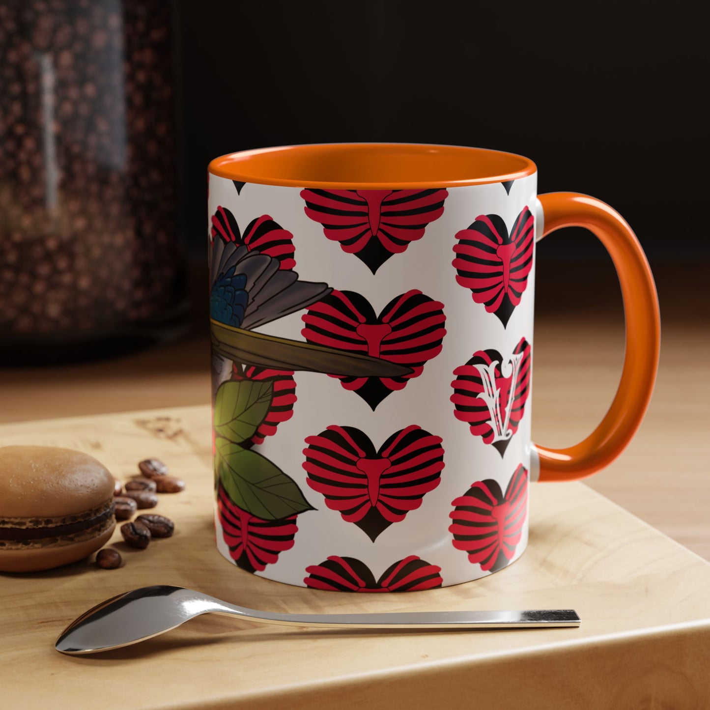 Bird & Hearts Accent Coffee Mug – Colorful Songbird Pattern (11/15oz)