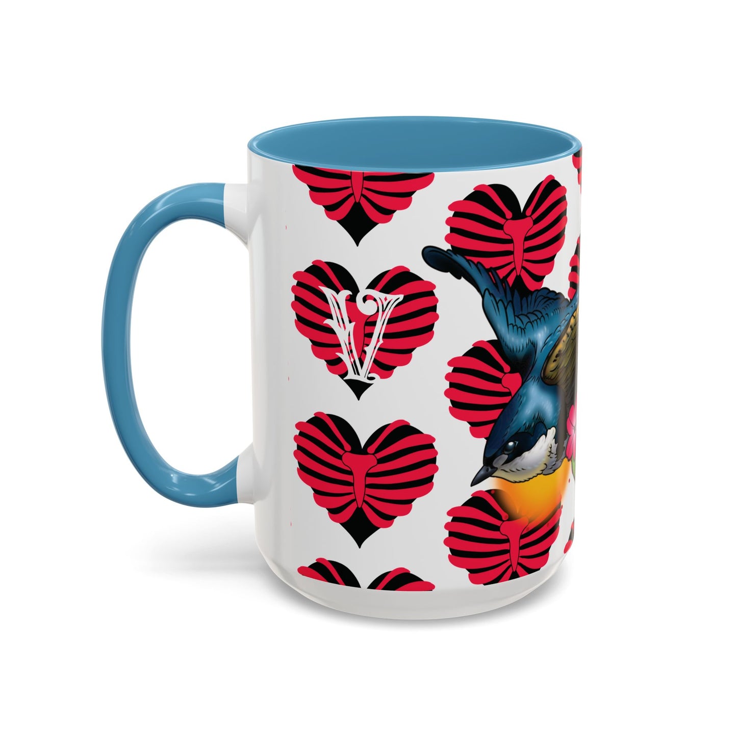 Bird & Hearts Accent Coffee Mug – Colorful Songbird Pattern (11/15oz)