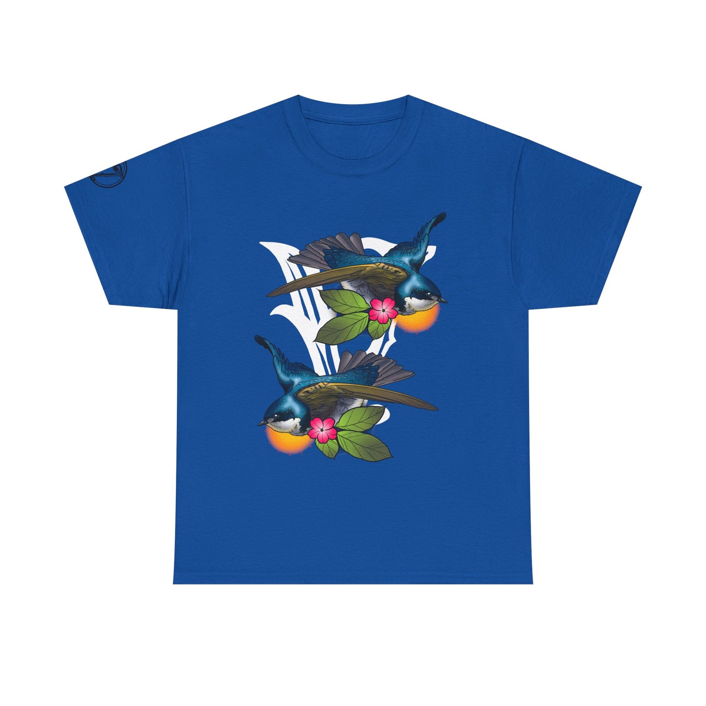 Bird Skull & Swallow Art Tee — Vibrant Blue Bird Illustration T-Shirt