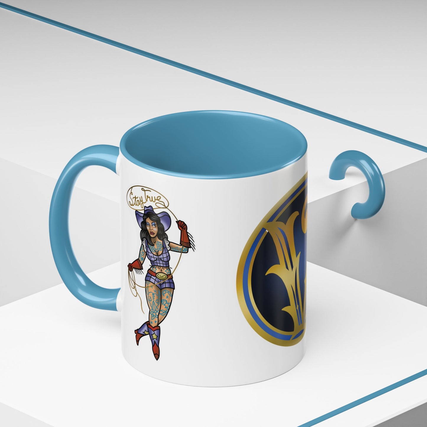 Accent Coffee Mug — Vintage Gold 'V' Monogram & Pin-Up Cowgirl Illustration (11oz/15oz)