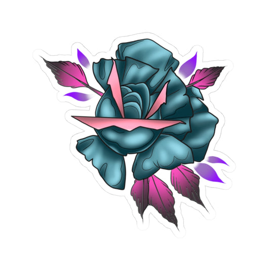 Teal Rose Kiss-Cut Sticker — Floral Tattoo-Style Laptop Decal